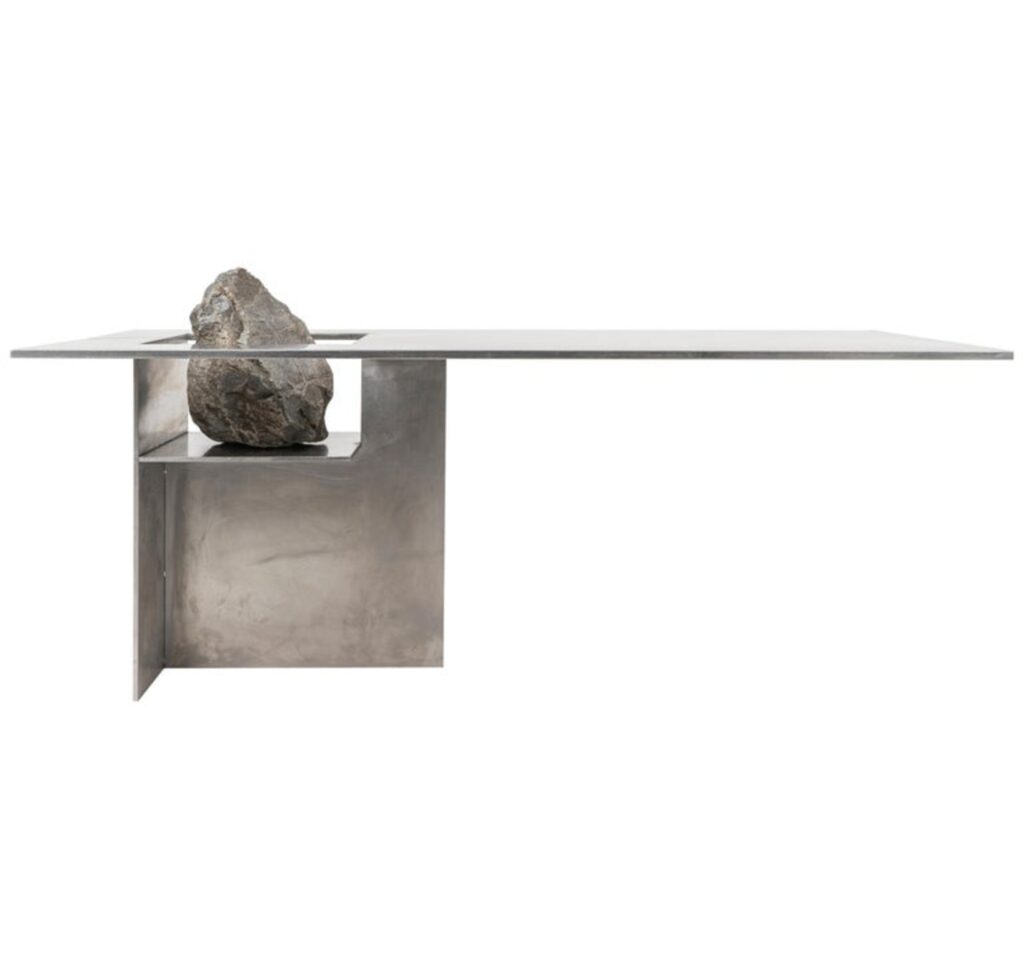 Contemporary Block Form Stainless Steel Table with Natural Stone by Lee Sisan 1