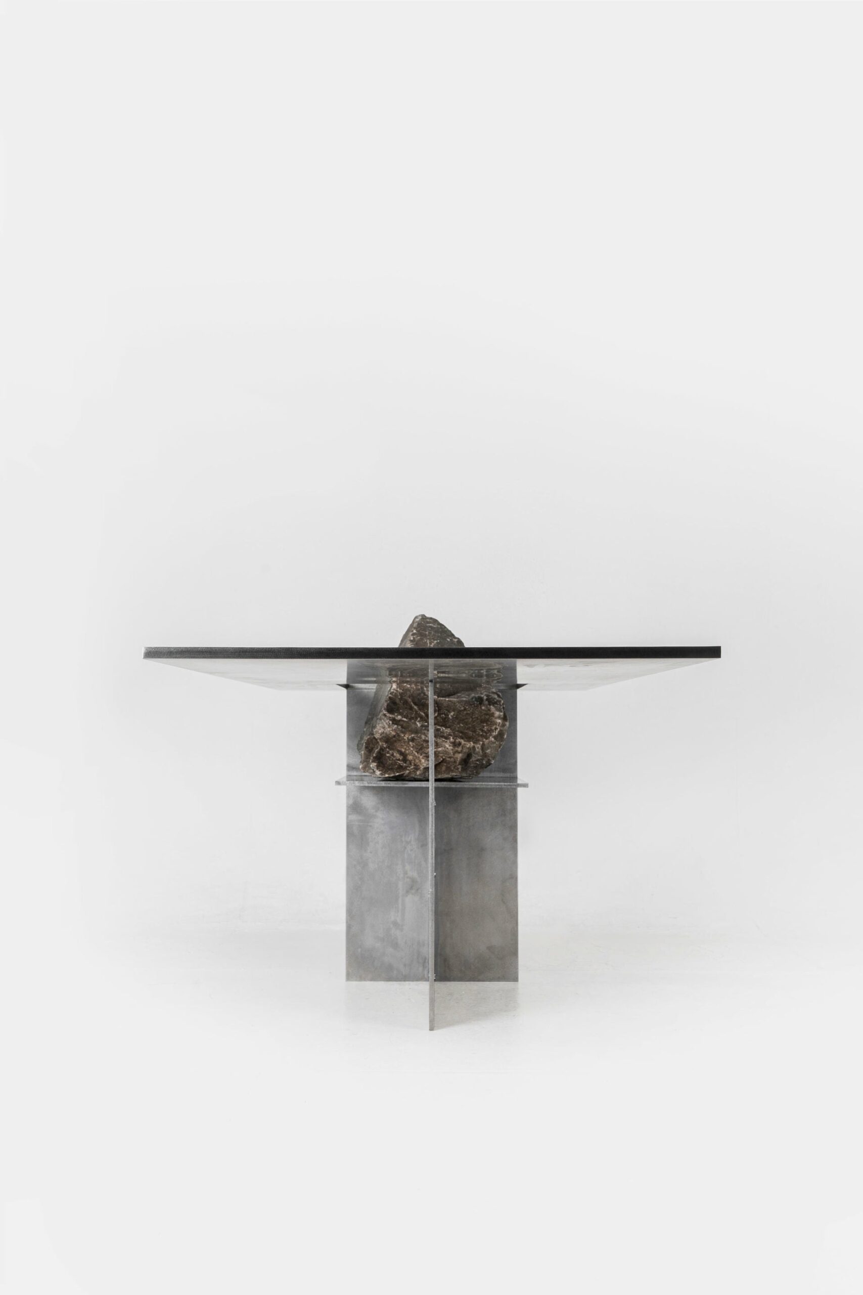 Contemporary Block Form Stainless Steel Table with Natural Stone by Lee Sisan 2