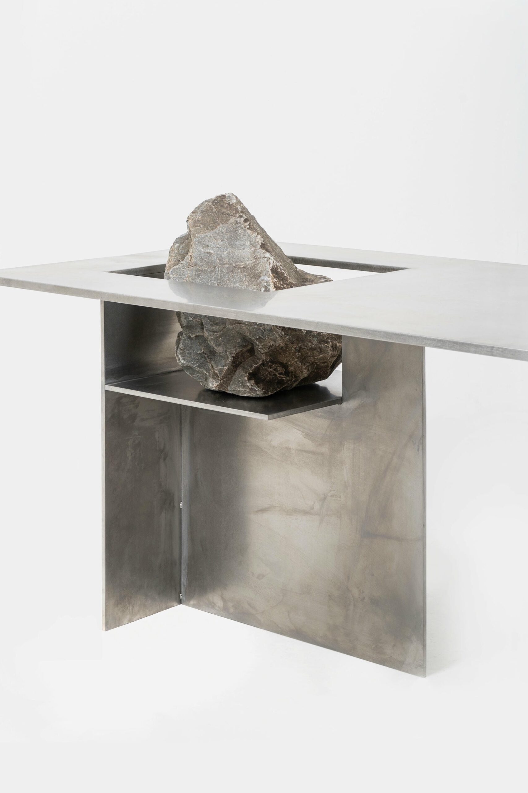 Contemporary Block Form Stainless Steel Table with Natural Stone by Lee Sisan 3
