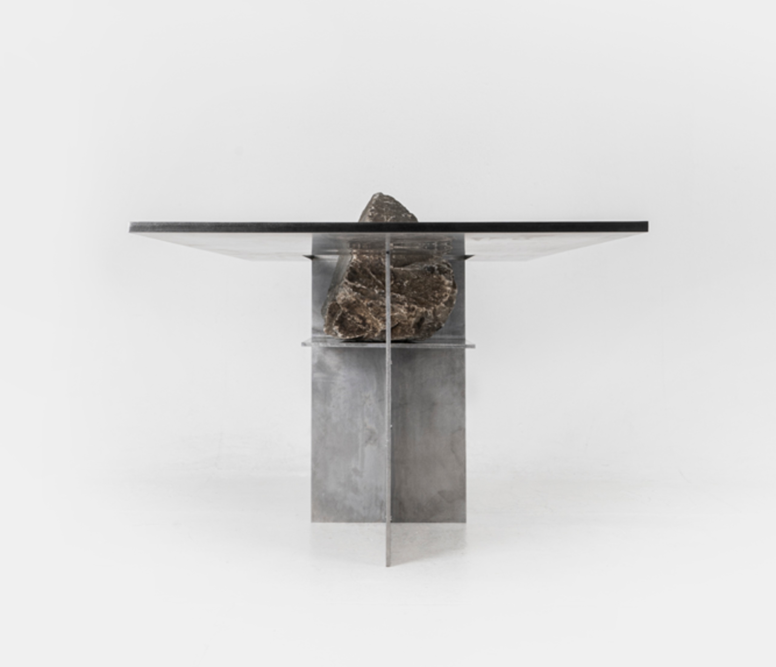 Contemporary Block Form Stainless Steel Table with Natural Stone by Lee Sisan 3