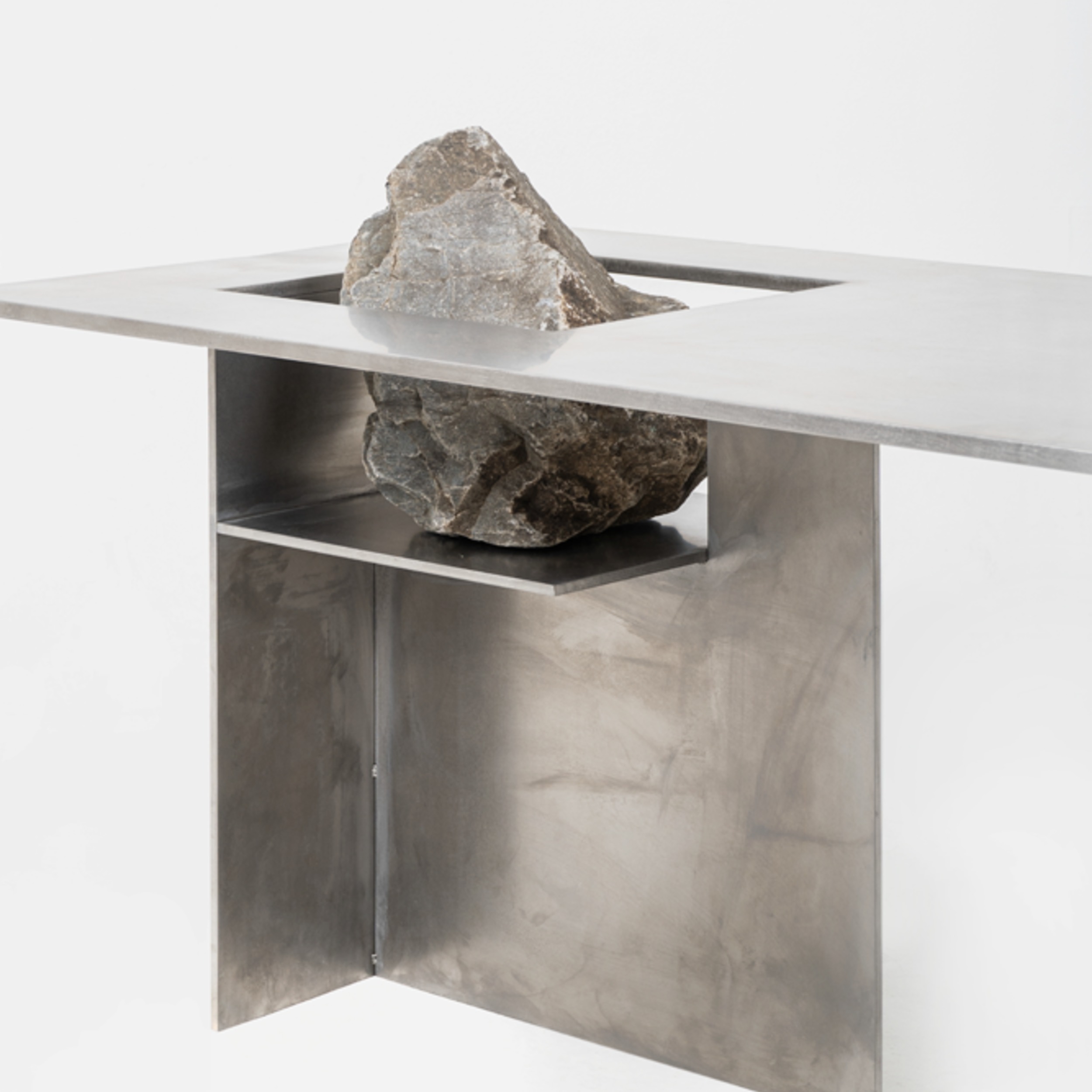 Contemporary Block Form Stainless Steel Table with Natural Stone by Lee Sisan 4