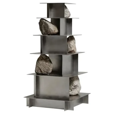 Contemporary Five Level Stainless Steel Shelf with Natural Stones by Lee Sisan