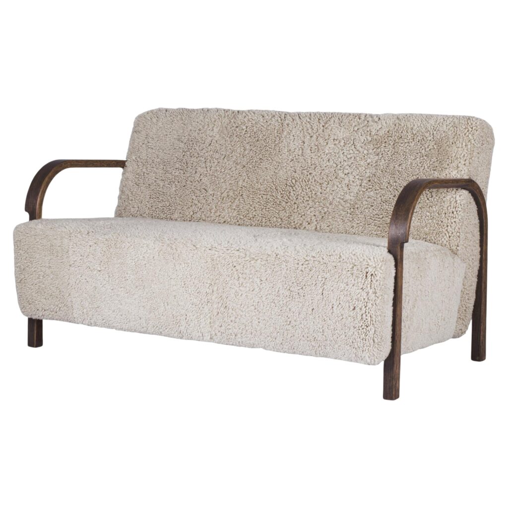 White ARCH 2 Seater Sofa in Oak and Moonlight Sheepskin by Mazo Design 1