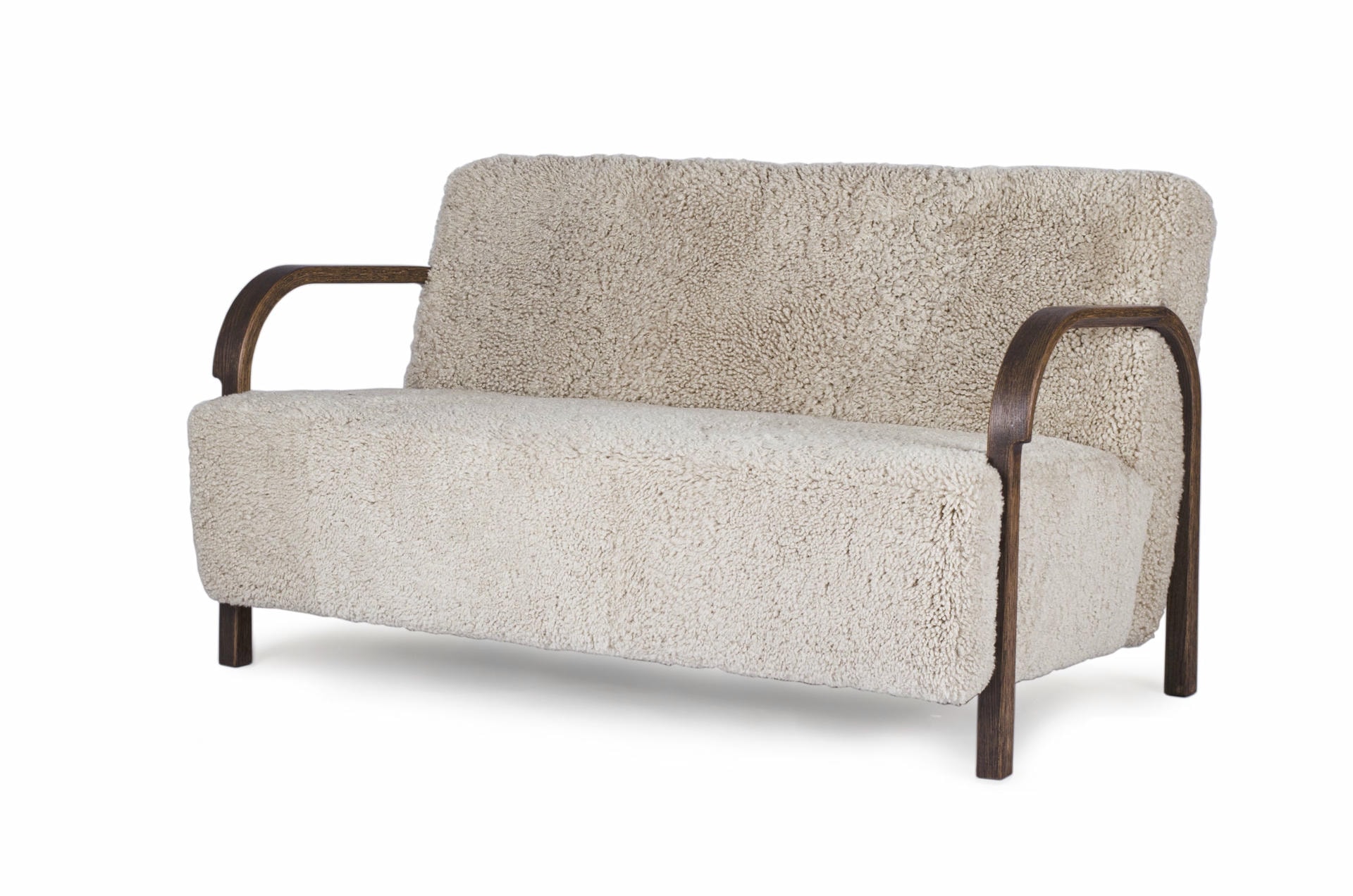 White ARCH 2 Seater Sofa in Oak and Moonlight Sheepskin by Mazo Design 2