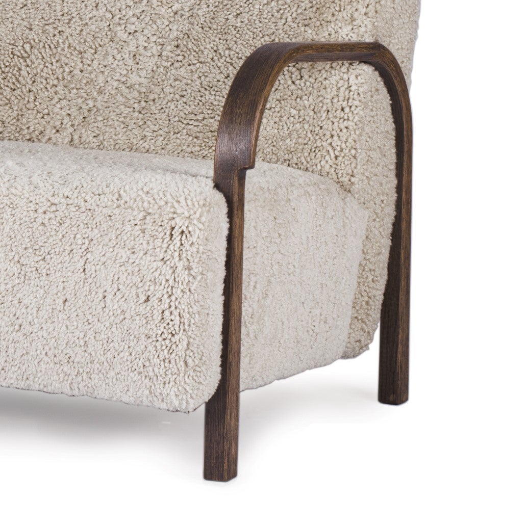 White ARCH 2 Seater Sofa in Oak and Moonlight Sheepskin by Mazo Design 3