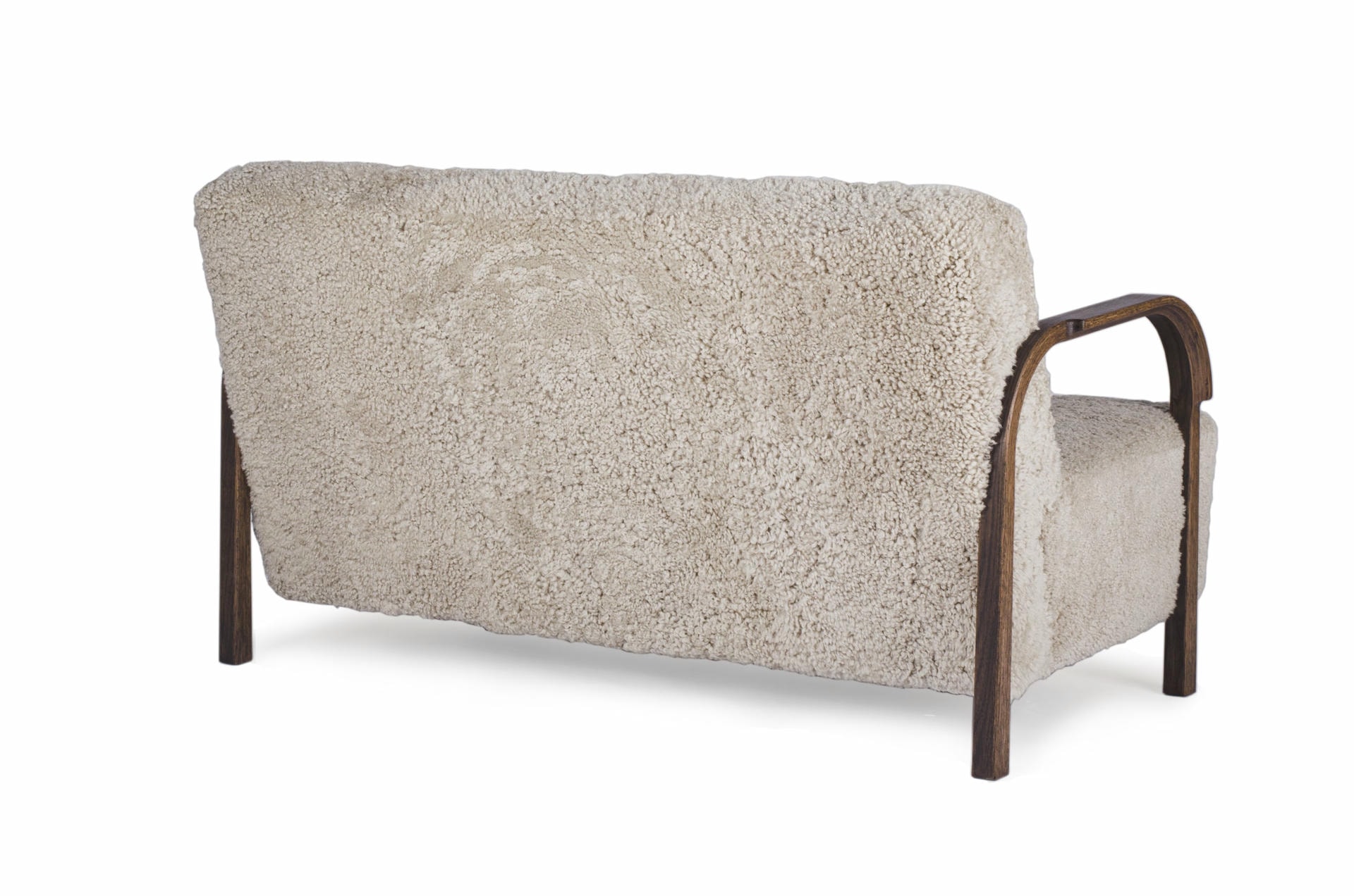 White ARCH 2 Seater Sofa in Oak and Moonlight Sheepskin by Mazo Design 4