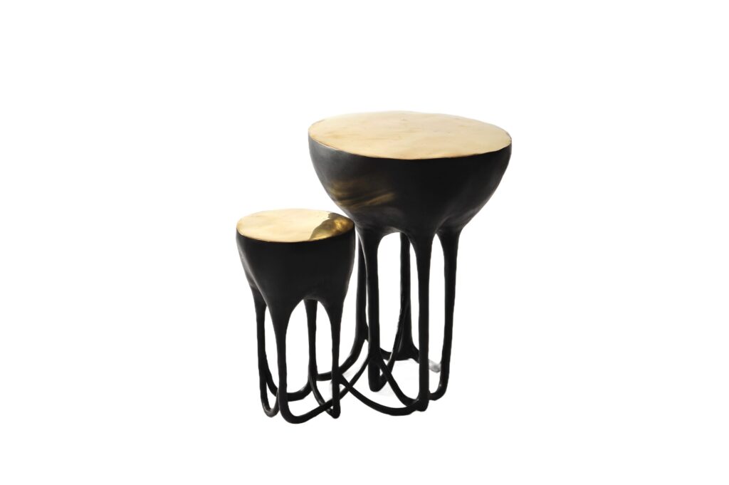 Blackened Brass Hand Sculpted Side Table with Polish Brass Tops by Misaya 1