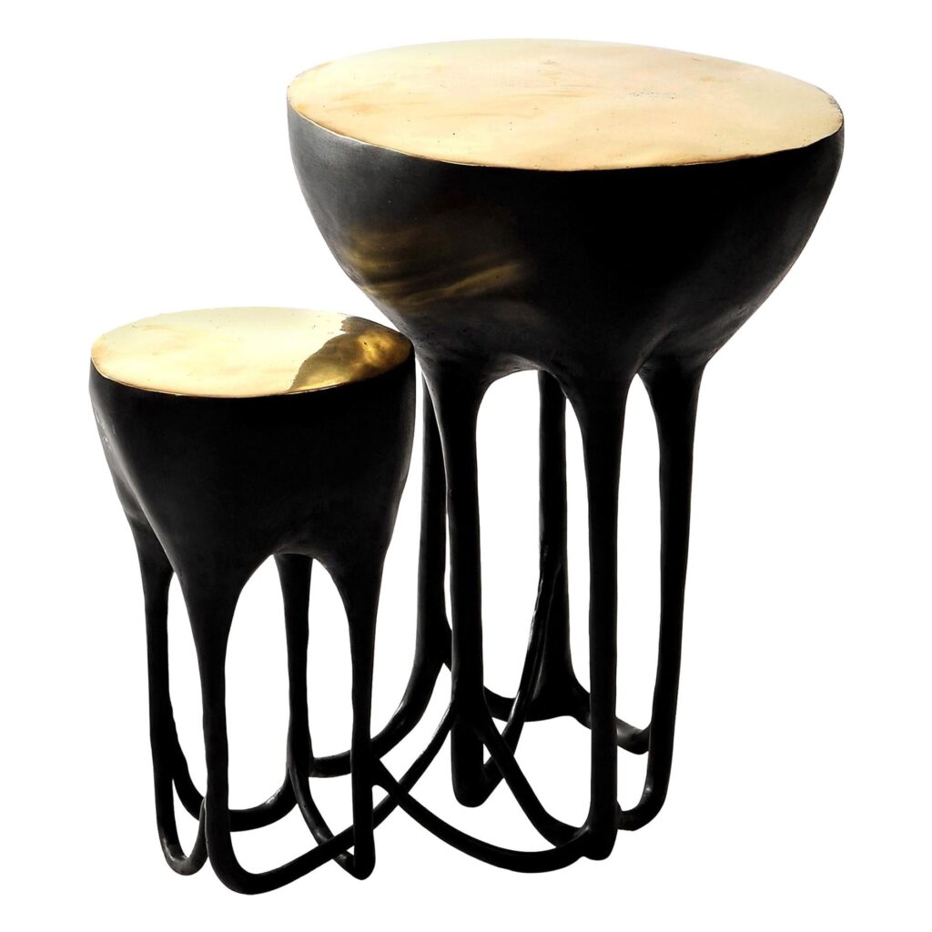 Blackened Brass Hand Sculpted Side Table with Polish Brass Tops by Misaya