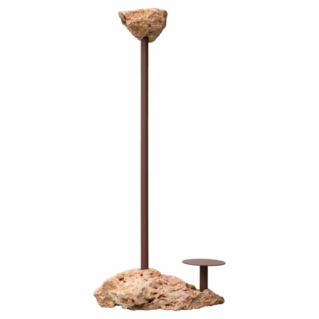 Brown Steel Base Rough Natural Stone Solar Floor Lamp by Frederic Saulou 1