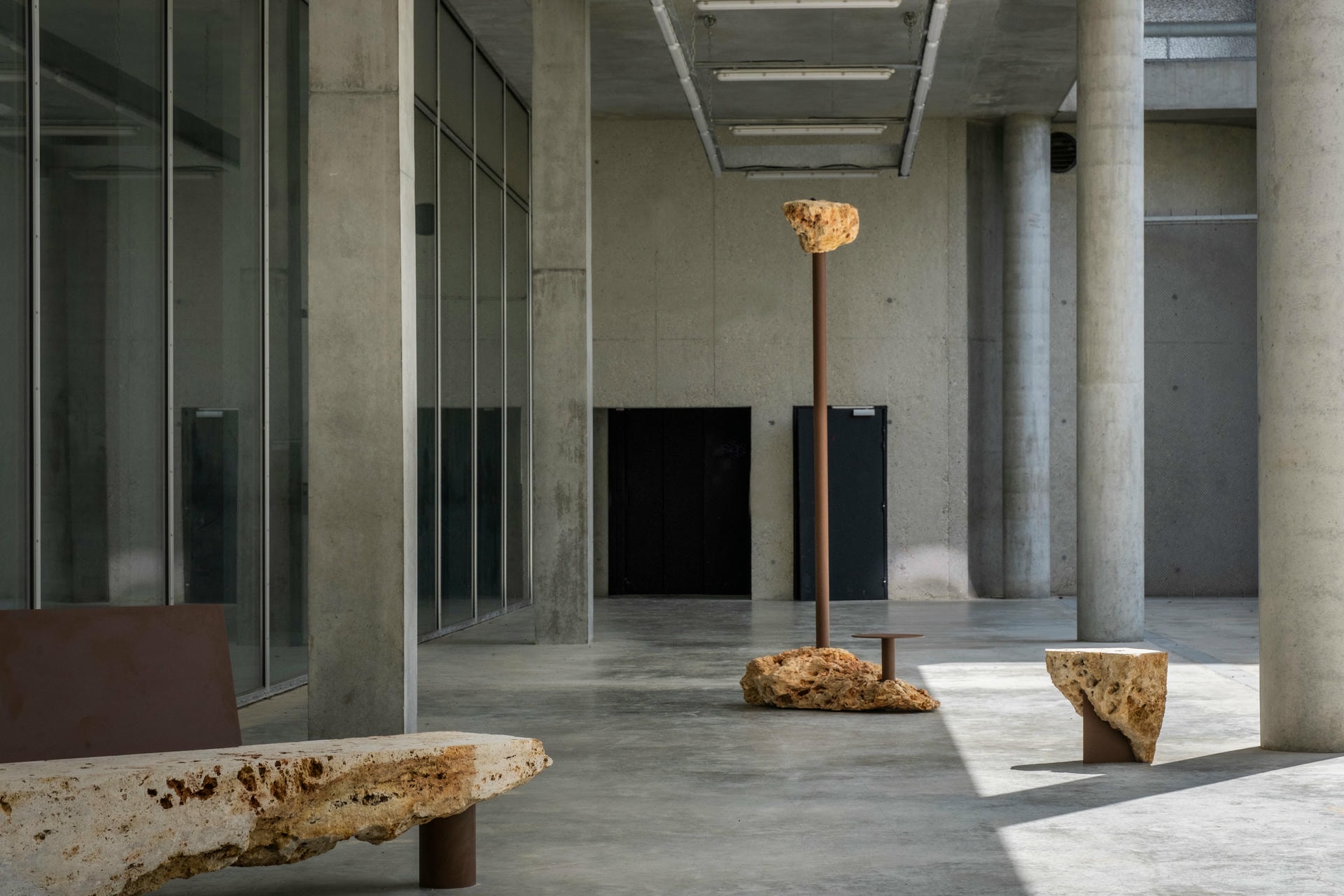 Brown Steel Base Rough Natural Stone Solar Floor Lamp by Frederic Saulou 6