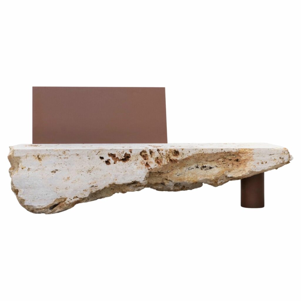 Contemporary Powder coated Steel Stone Bench by Frederic Saulou Beige and Brown 1