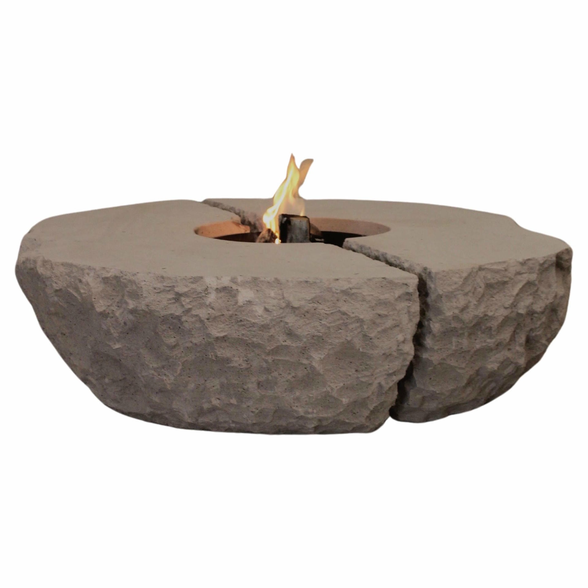 Organic Split Form Grey Stone Fire Table with Center Opening by Andres Monnier 1
