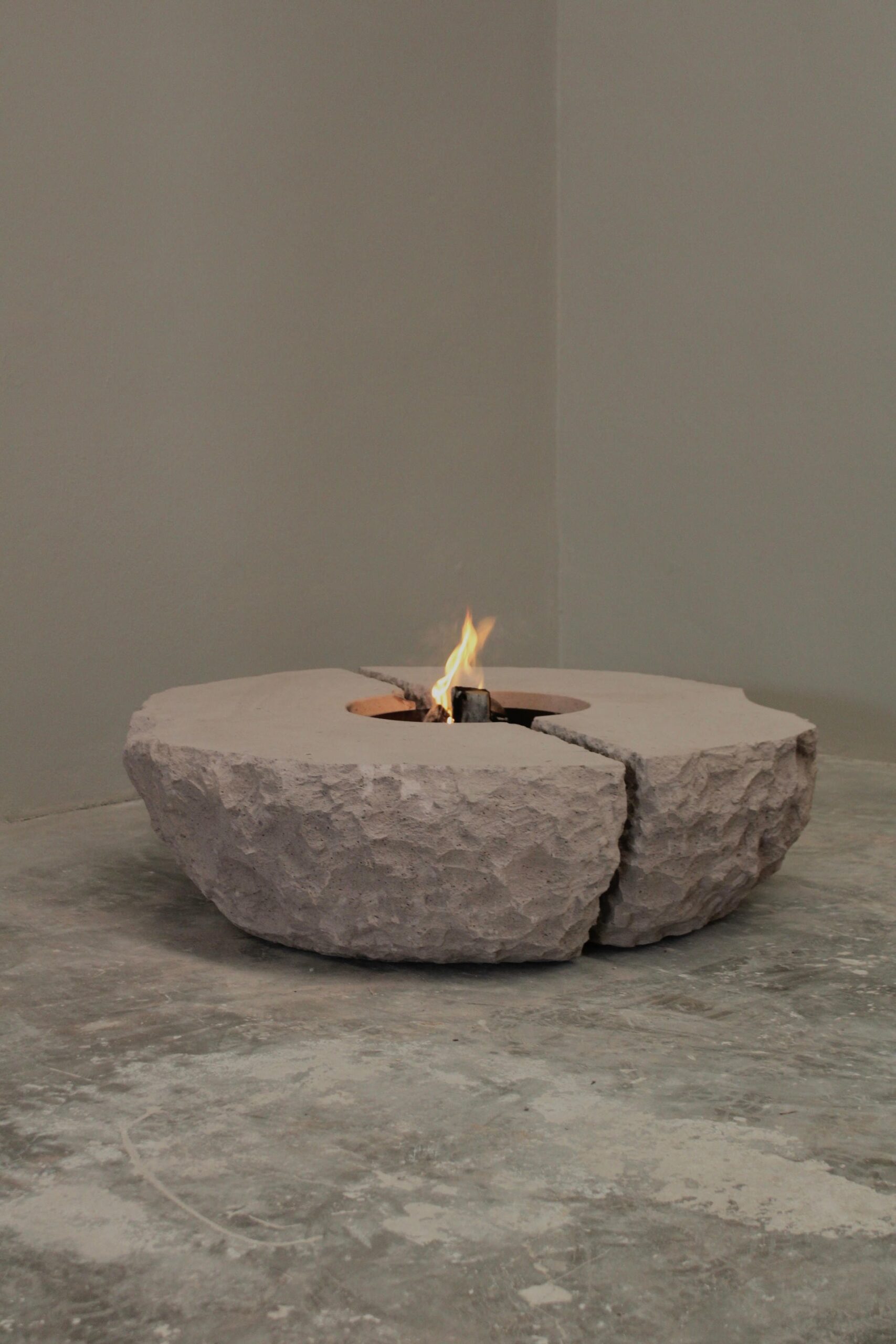 Organic Split Form Grey Stone Fire Table with Center Opening by Andres Monnier 2