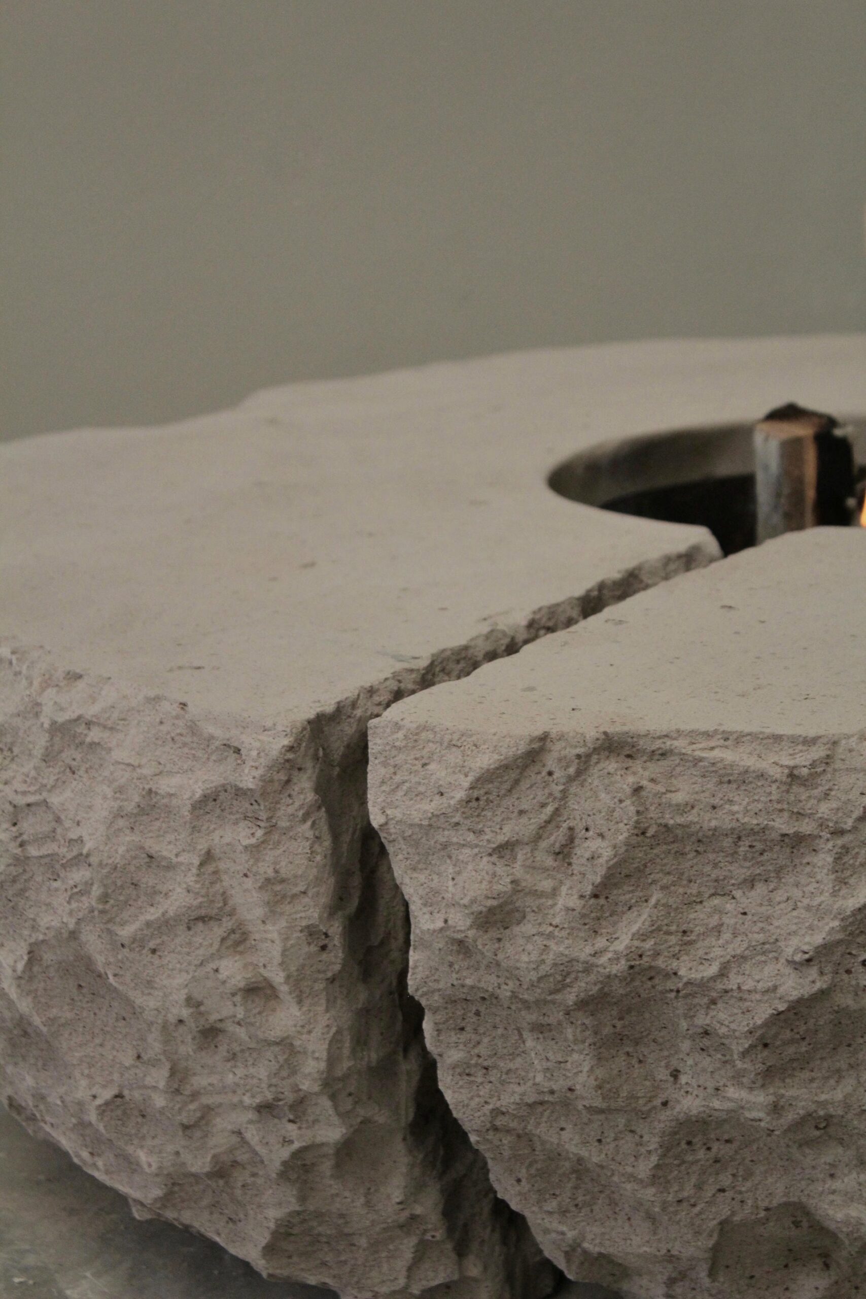 Organic Split Form Grey Stone Fire Table with Center Opening by Andres Monnier 3
