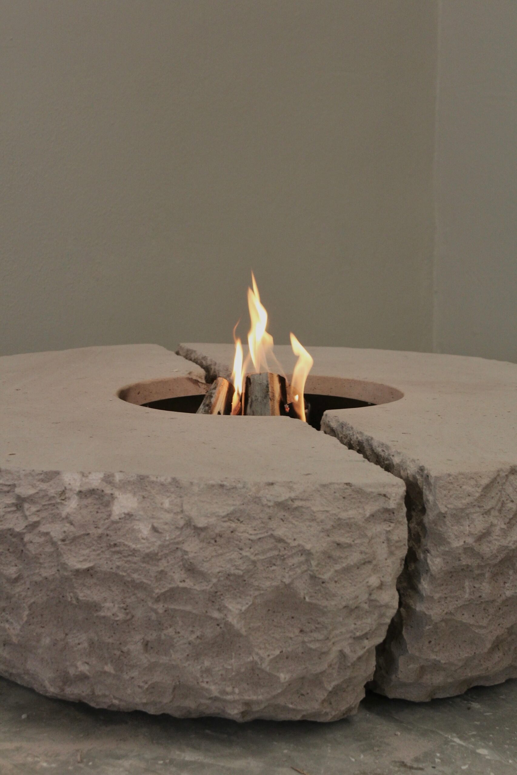 Organic Split Form Grey Stone Fire Table with Center Opening by Andres Monnier 4