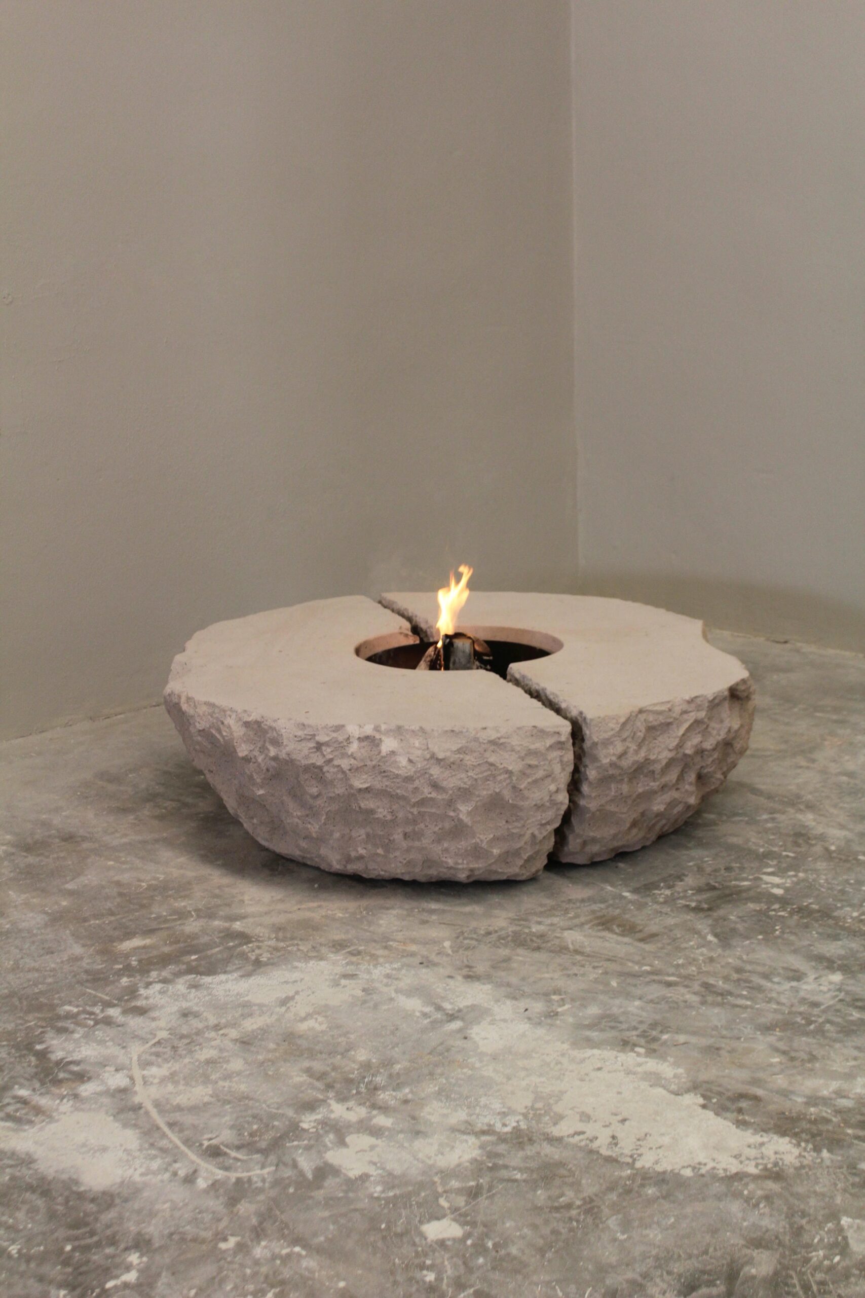 Organic Split Form Grey Stone Fire Table with Center Opening by Andres Monnier 5