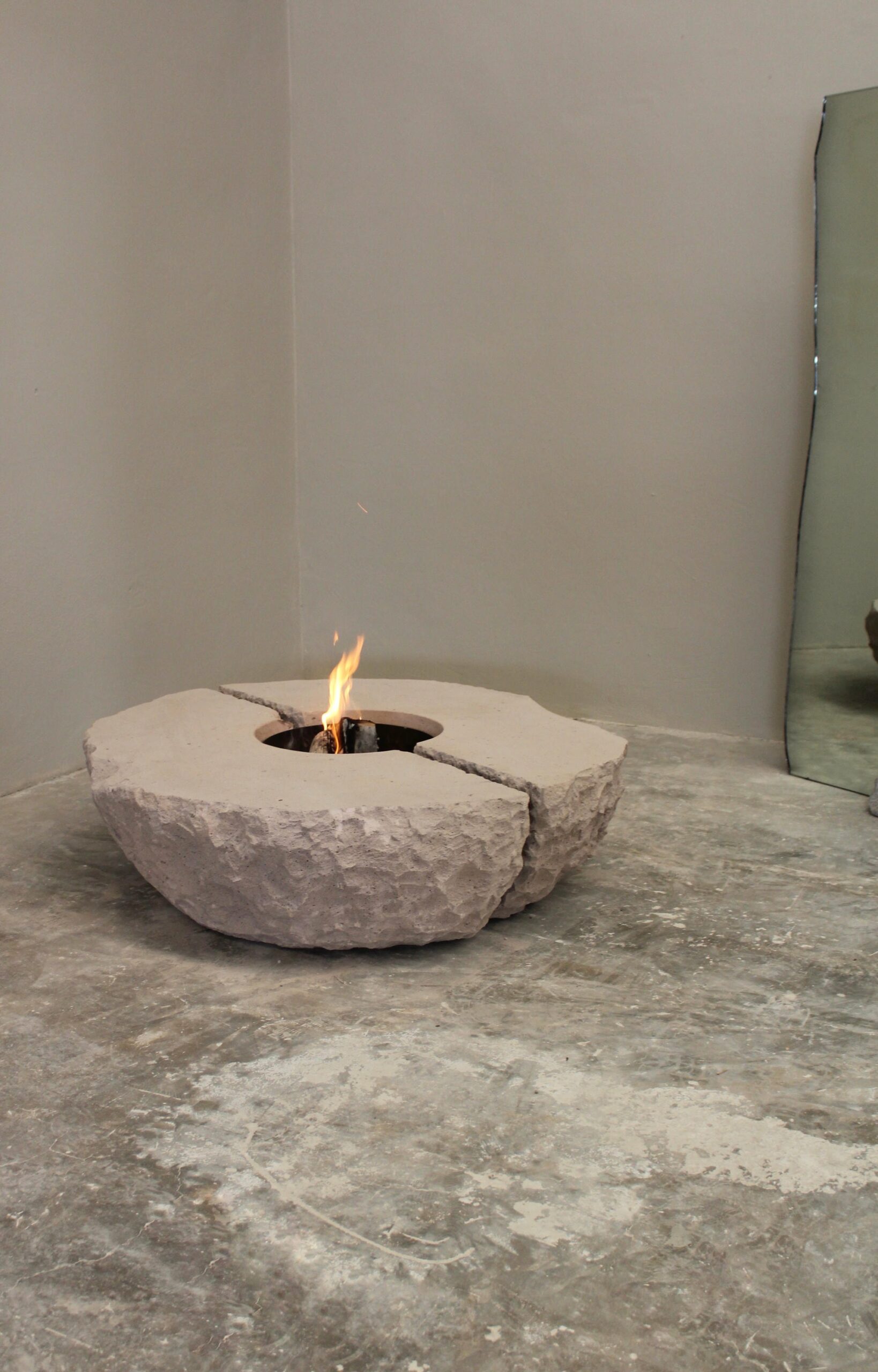 Organic Split Form Grey Stone Fire Table with Center Opening by Andres Monnier 6
