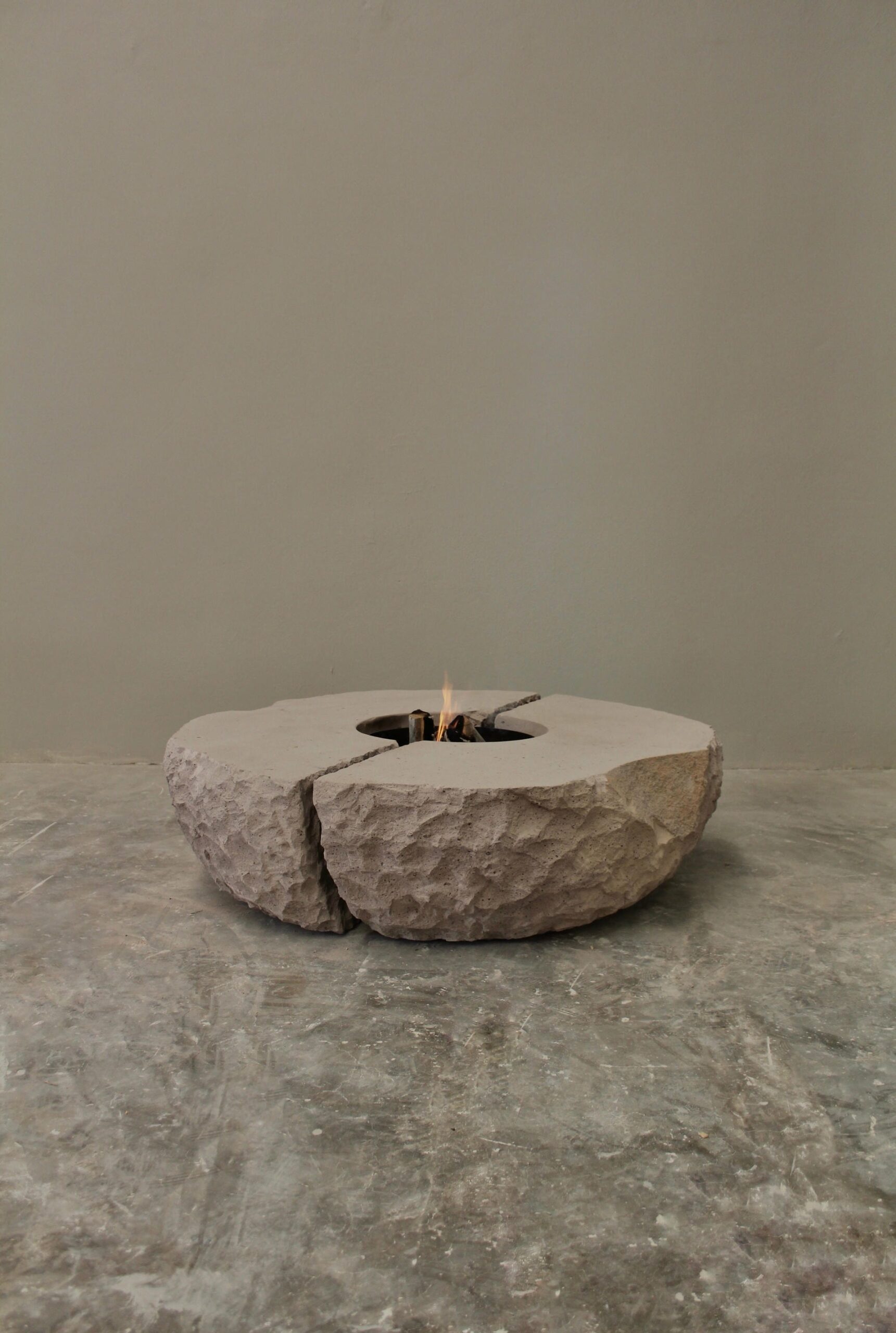 Organic Split Form Grey Stone Fire Table with Center Opening by Andres Monnier 7