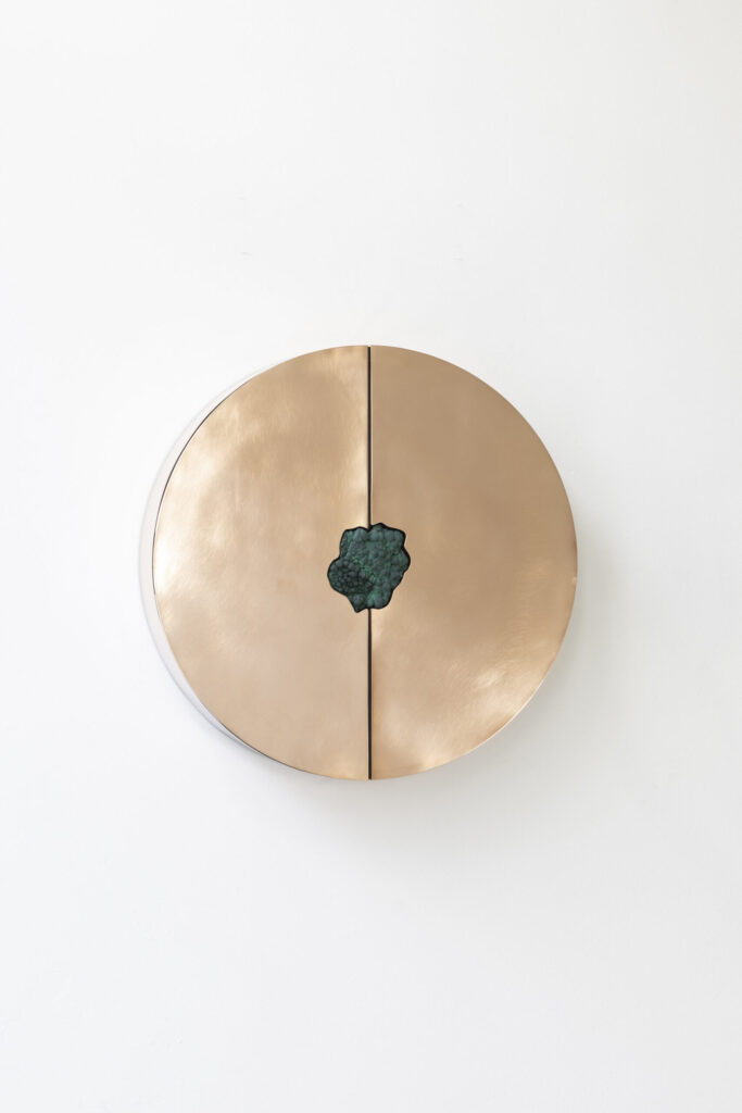 Polished Bronze Round Wall Cabinet with Green Malachite by Pierre De Valck 1