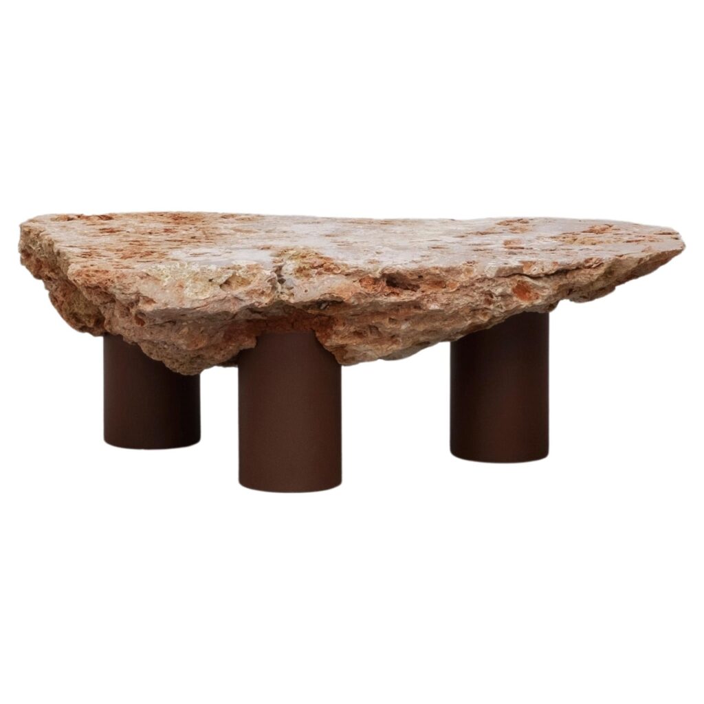 Rough Natural Stone Coffee Table by Frederic Saulou with Three Brown Steel Legs 1