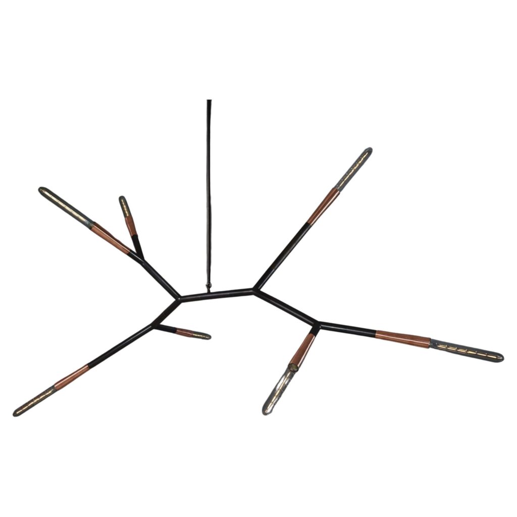 7 Arms Horizontal Dark Bronze and Raw Copper Pendant Light by Christopher Boots 1