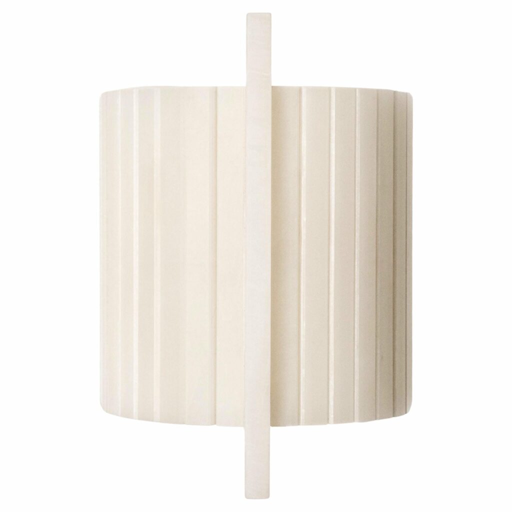 Cylindrical White Onyx Light Sculpture with Vertical Detail by Marie Jeunet