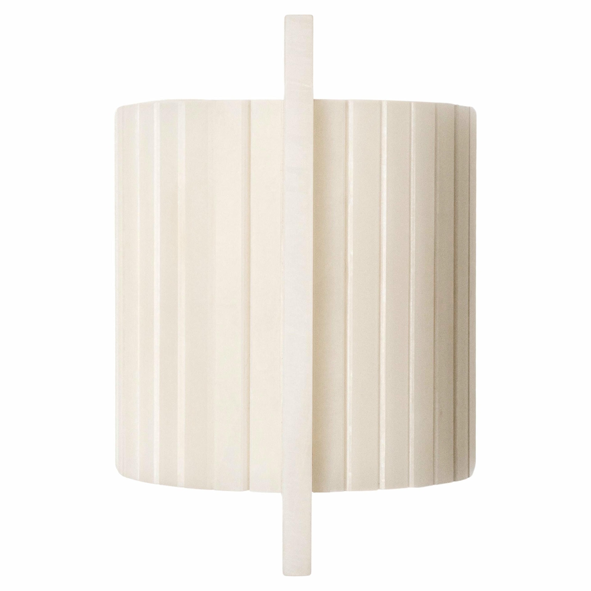 Cylindrical White Onyx Light Sculpture with Vertical Detail by Marie Jeunet