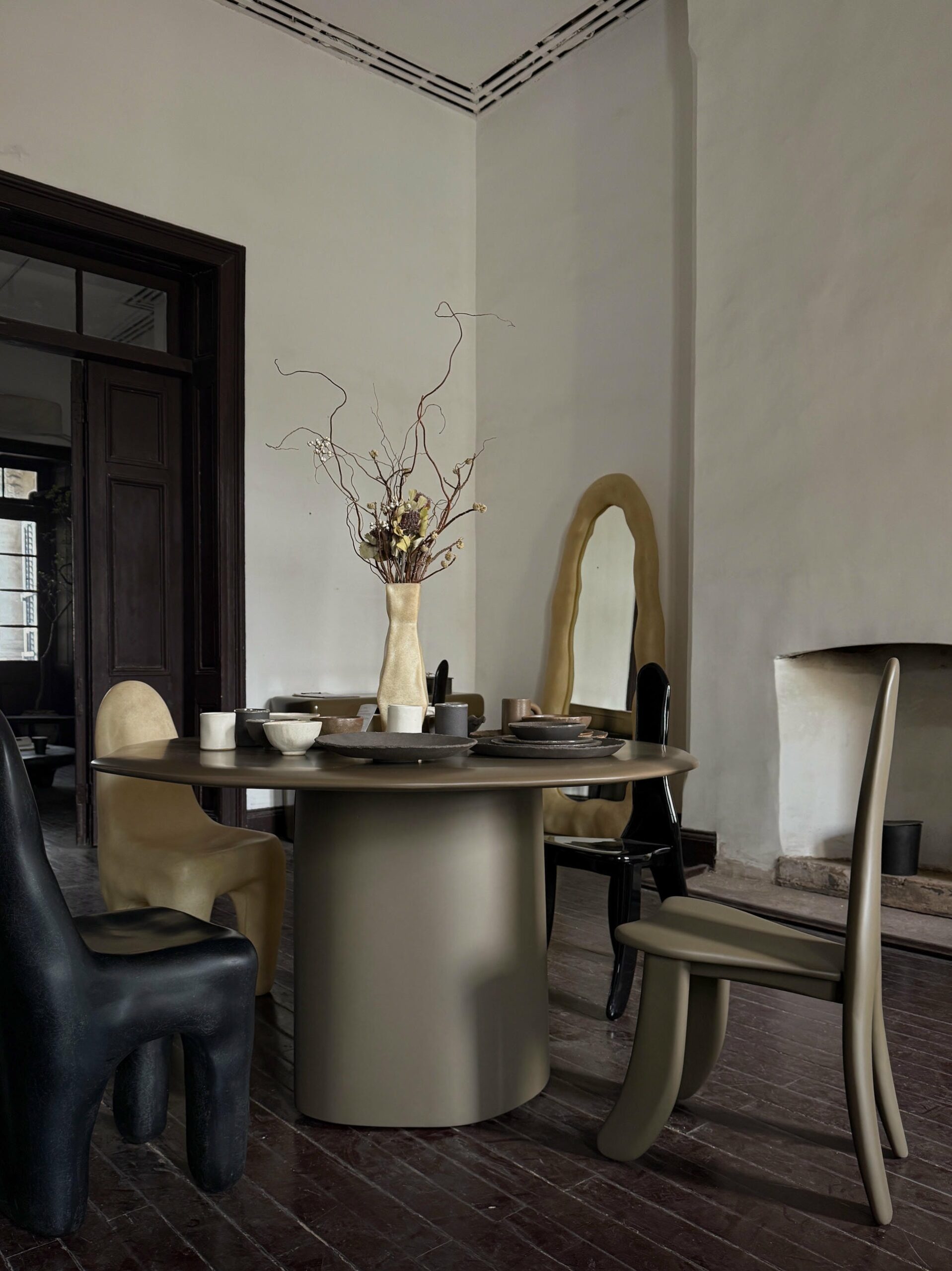 Contemporary Sculpted Organic Leg Round Top Brown Wood Table by kar 3