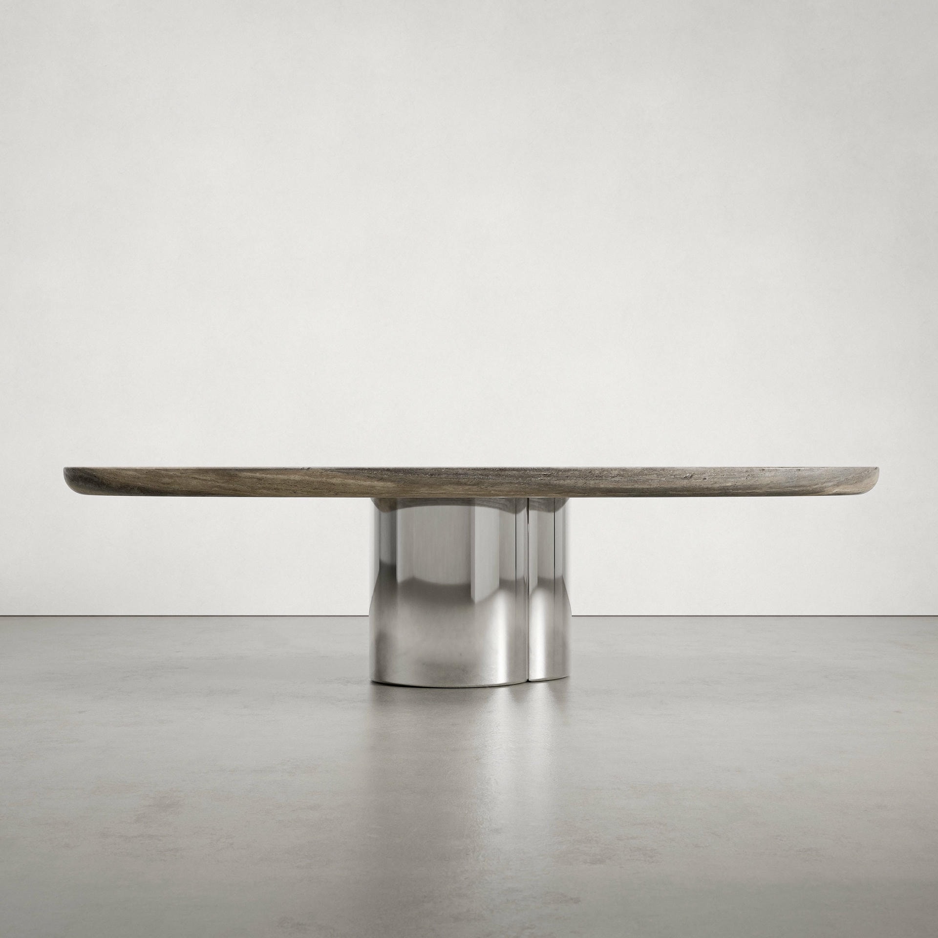 Tomoon 20 Dining Table by Verena Brausch in Silver Travertine Steel 2