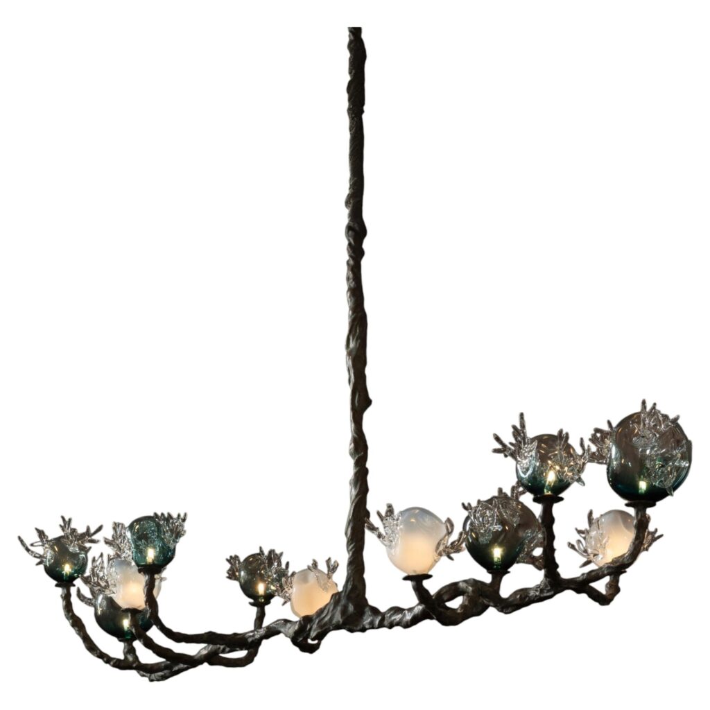 11 Spheres Bronze And Hand Blown Colored Glass Chandelier by Emilie Lemardeley 1