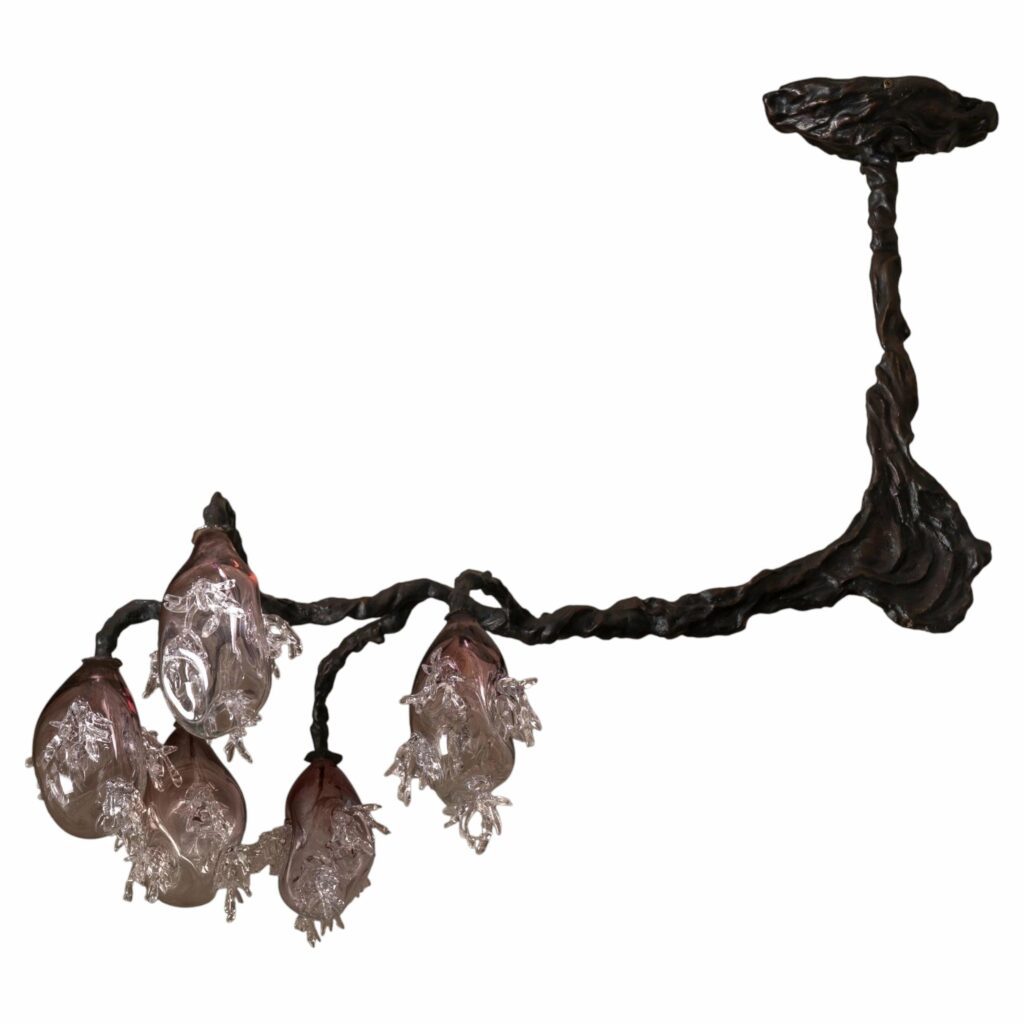 5 Spheres Bronze And Hand Blown Colored Glass Chandelier by Emilie Lemardeley 1