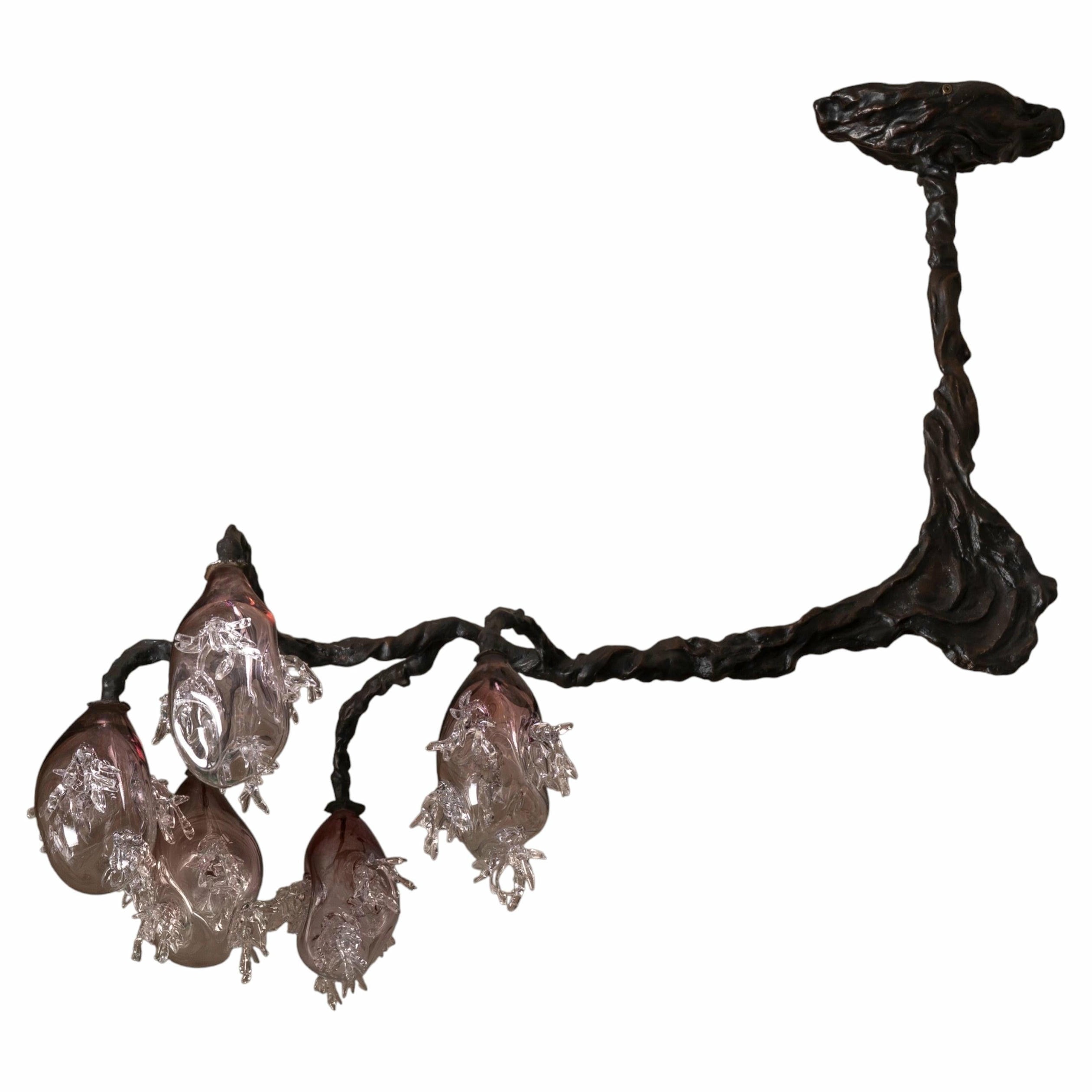 5 Spheres Bronze And Hand Blown Colored Glass Chandelier by Emilie Lemardeley 1