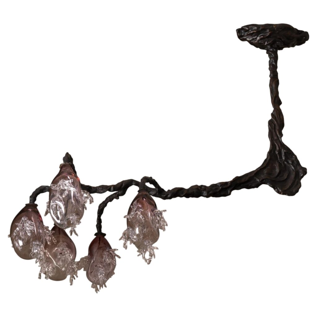 5 Spheres Bronze And Hand Blown Colored Glass Chandelier by Emilie Lemardeley 1