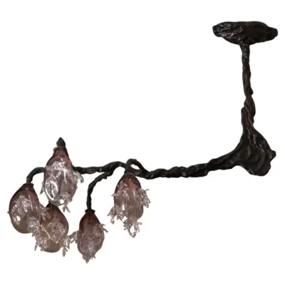 5 Spheres Bronze And Hand Blown Colored Glass Chandelier by Emilie Lemardeley