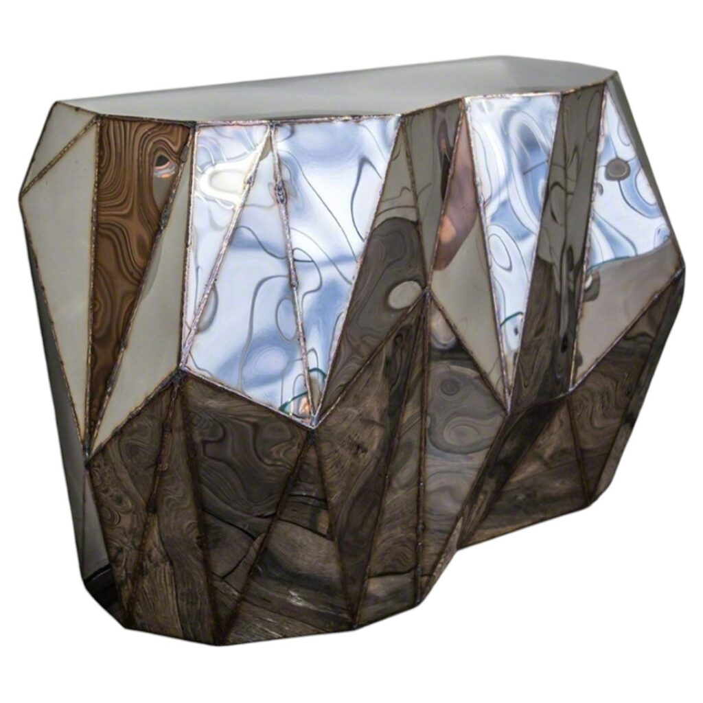 Rough Split Console in Welded Mirror Polished Stainless Steel by Julian Mayor 1