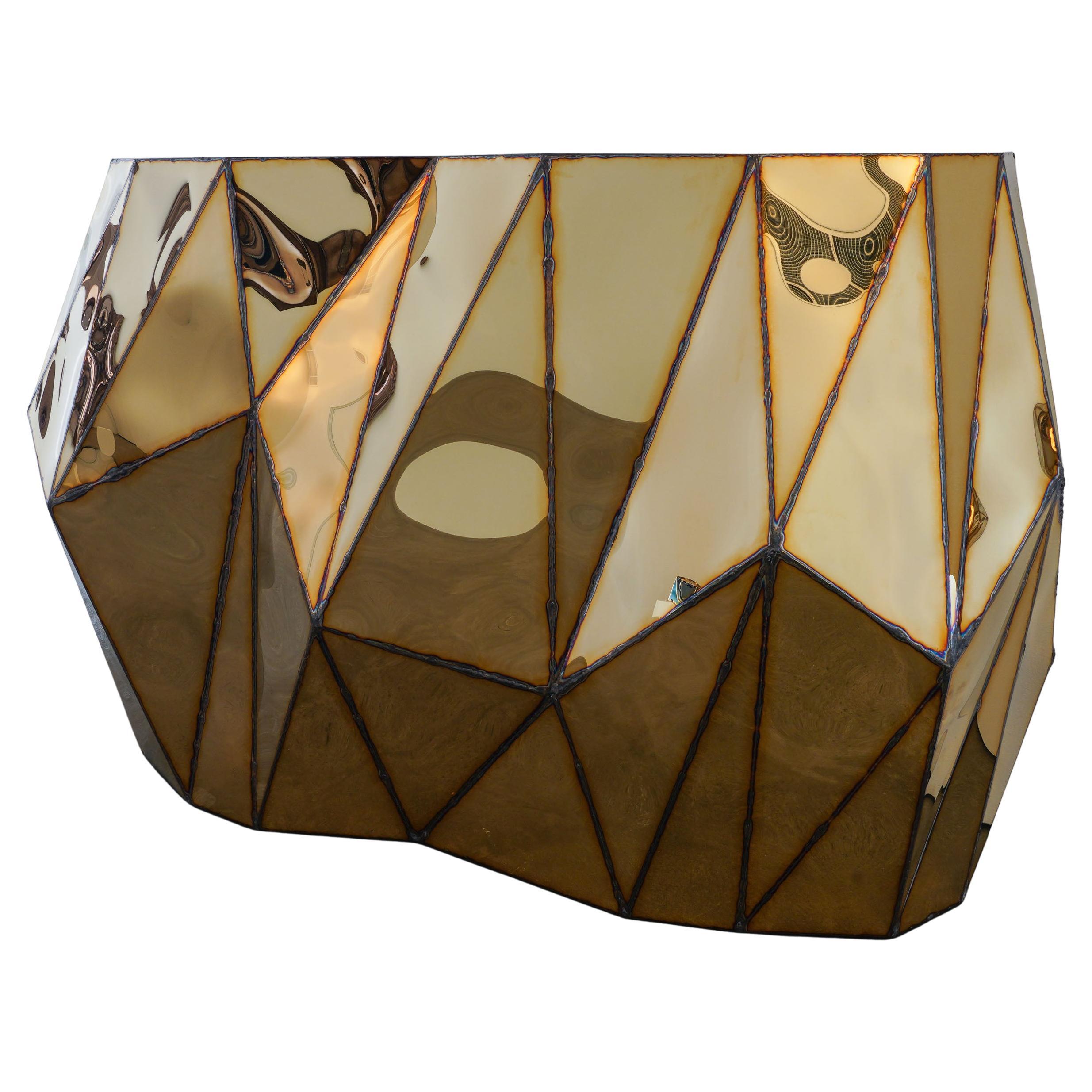 Rough Split Console in Welded Mirror Polished Stainless Steel by Julian Mayor 1
