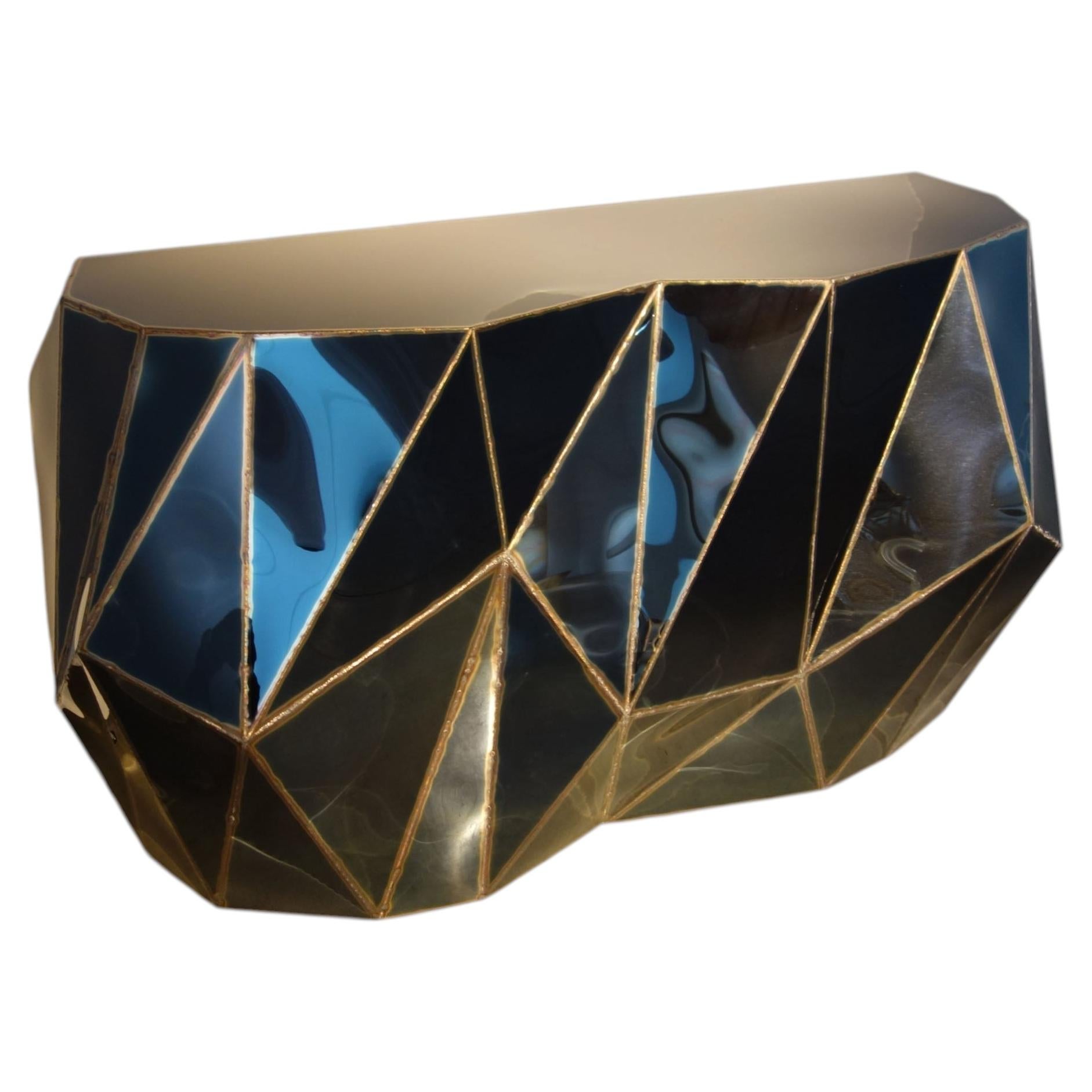 Rough Split Console in Welded Mirror Polished Stainless Steel by Julian Mayor 1
