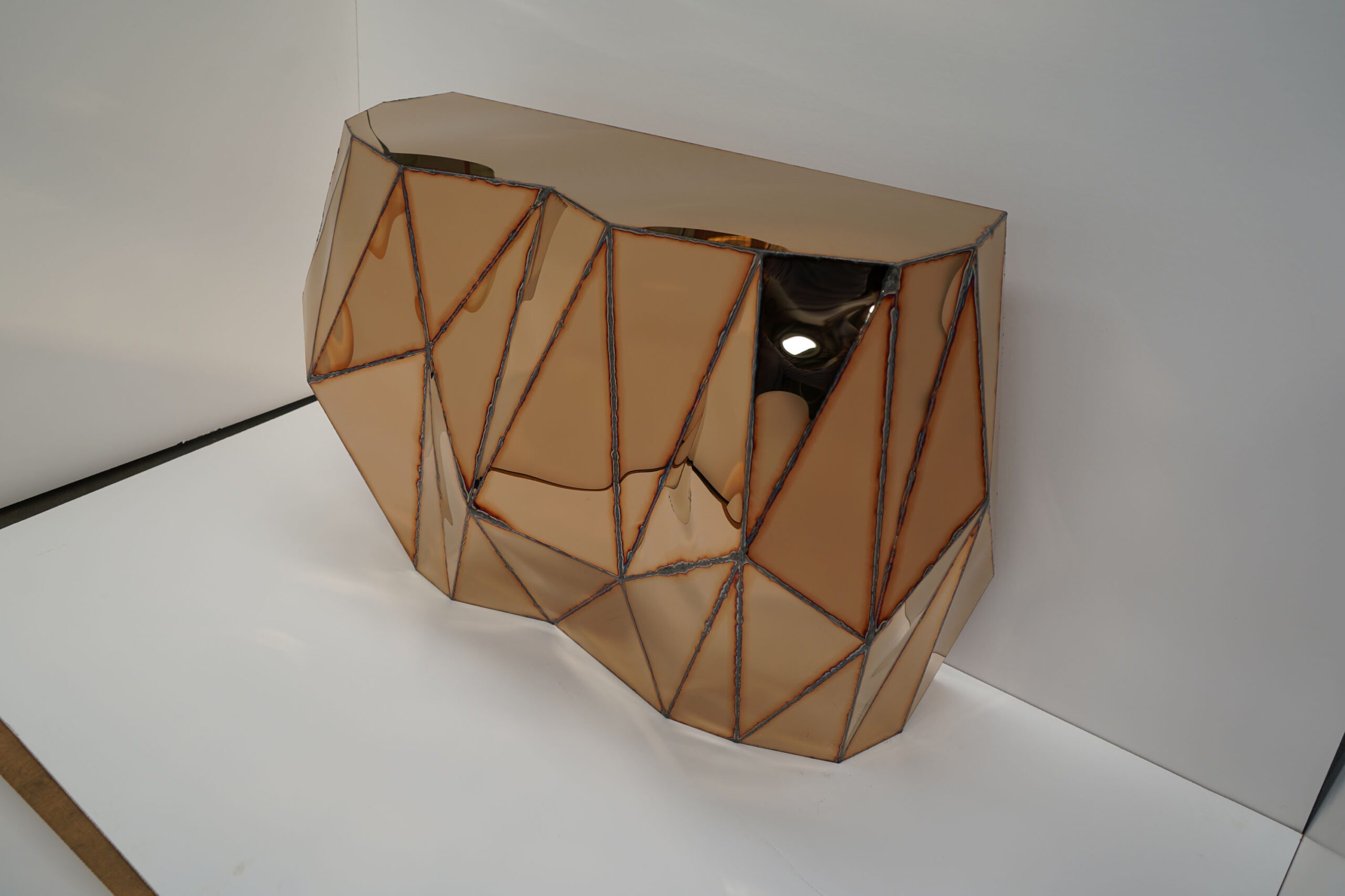 Rough Split Console in Welded Mirror Polished Stainless Steel by Julian Mayor 10