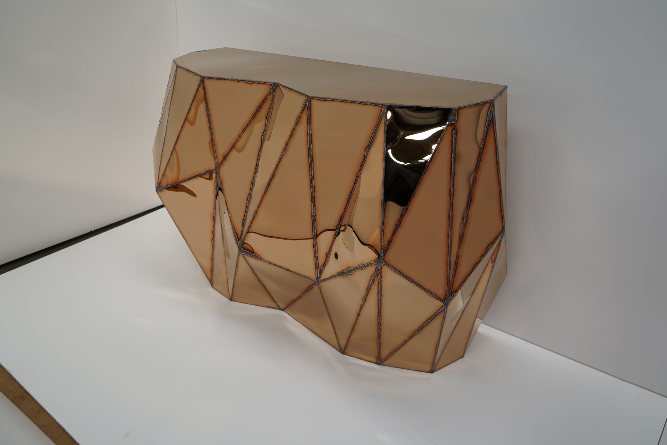 Rough Split Console in Welded Mirror Polished Stainless Steel by Julian Mayor 11