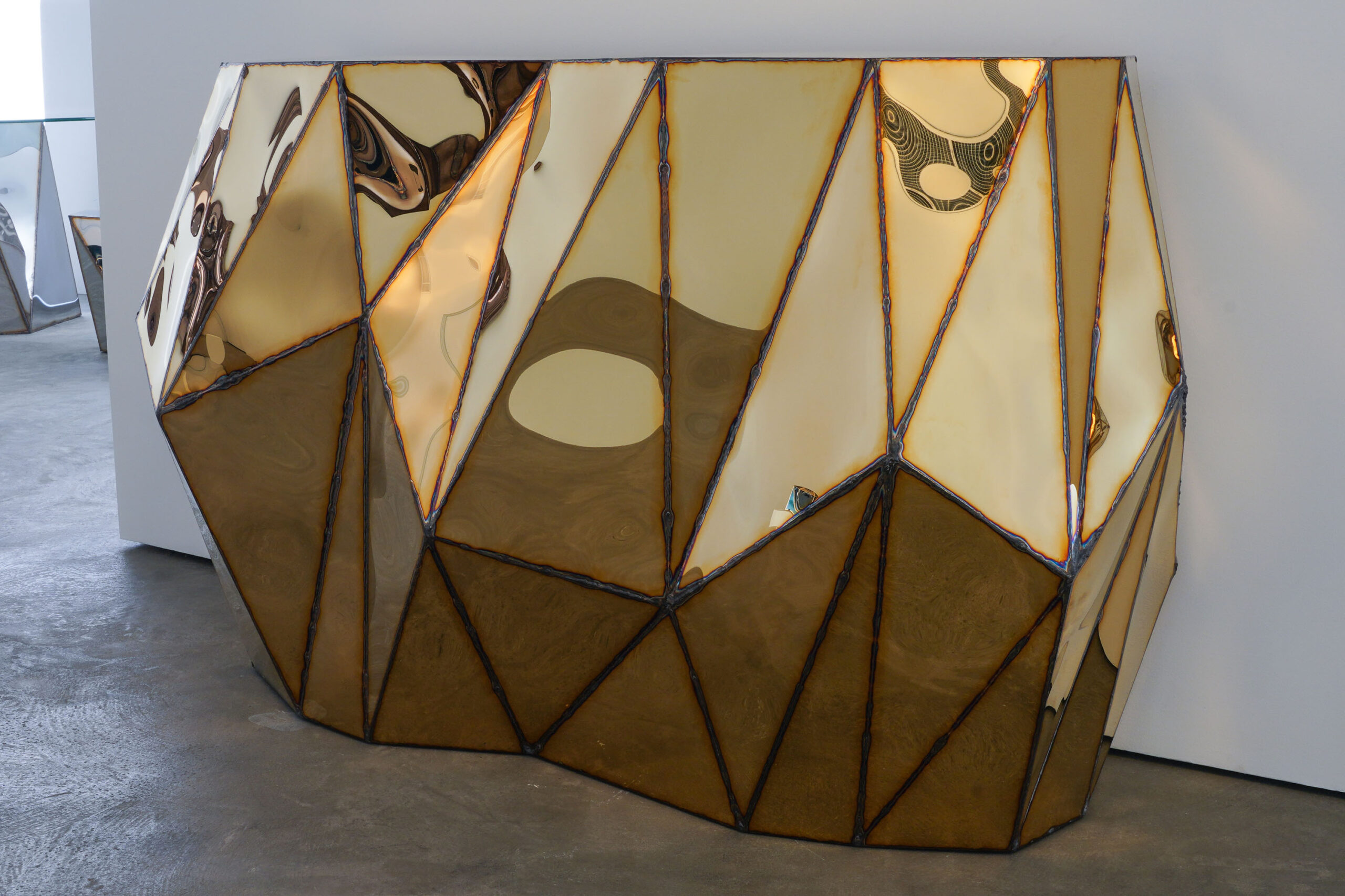 Rough Split Console in Welded Mirror Polished Stainless Steel by Julian Mayor 2