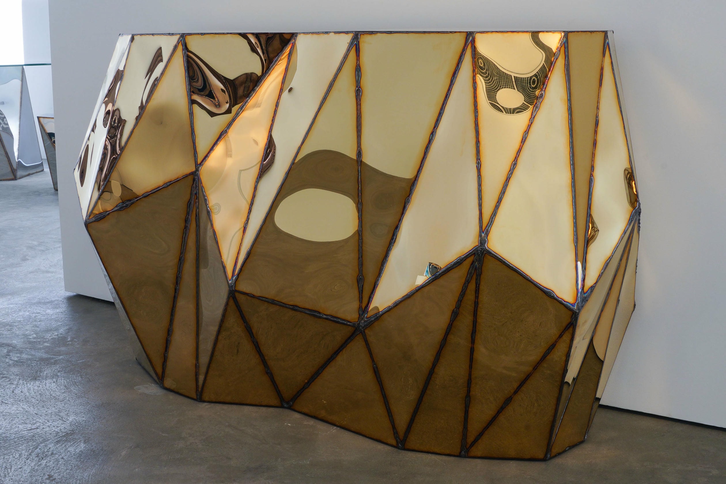 Rough Split Console in Welded Mirror Polished Stainless Steel by Julian Mayor 2