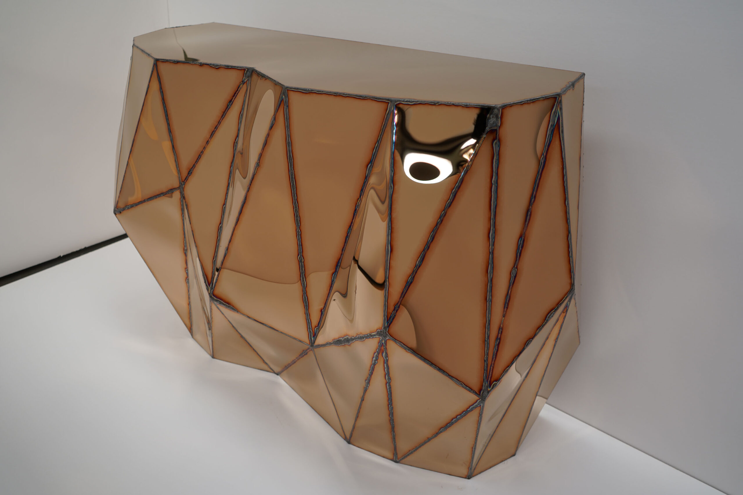 Rough Split Console in Welded Mirror Polished Stainless Steel by Julian Mayor 3
