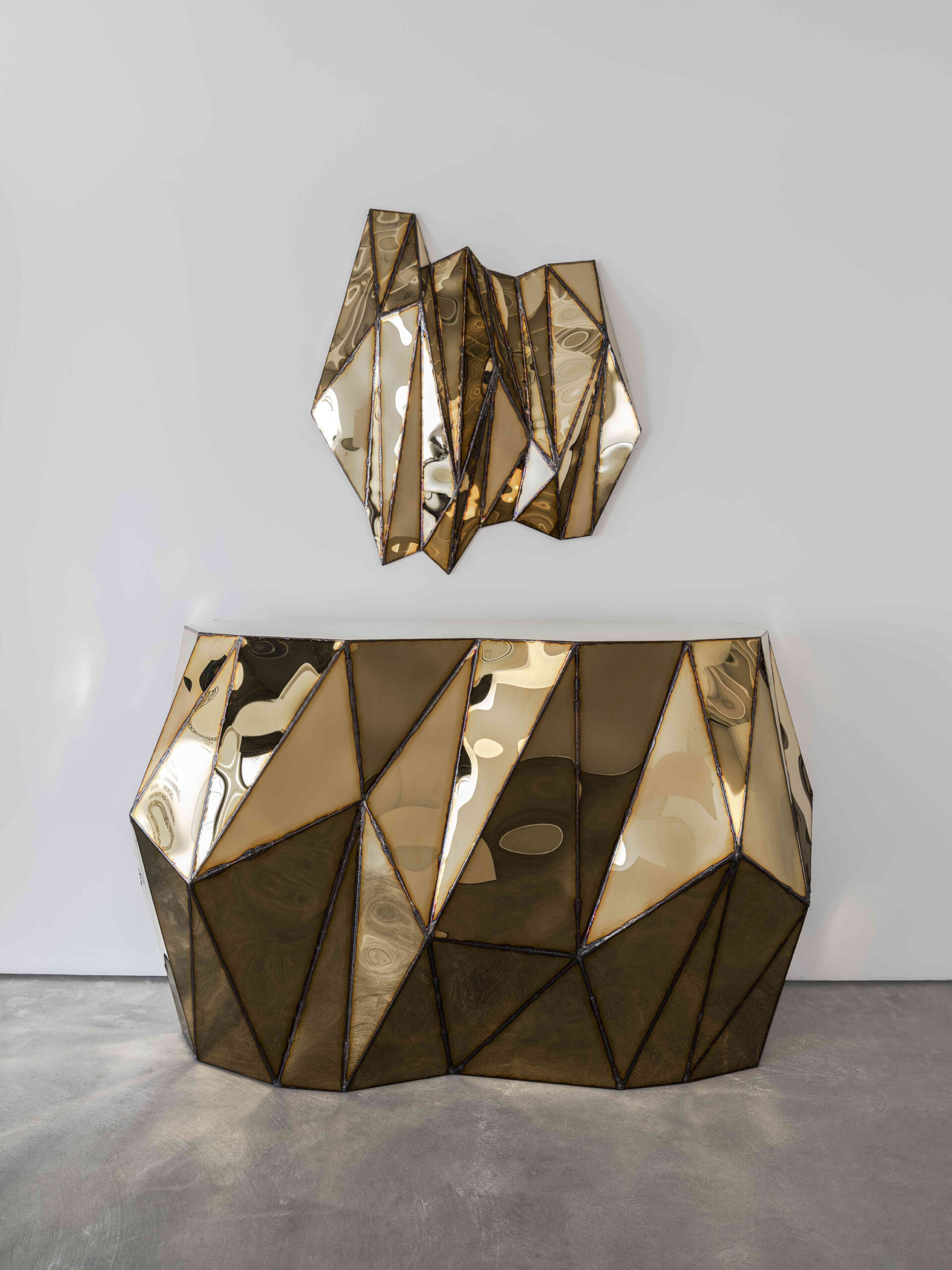 Rough Split Console in Welded Mirror Polished Stainless Steel by Julian Mayor 3