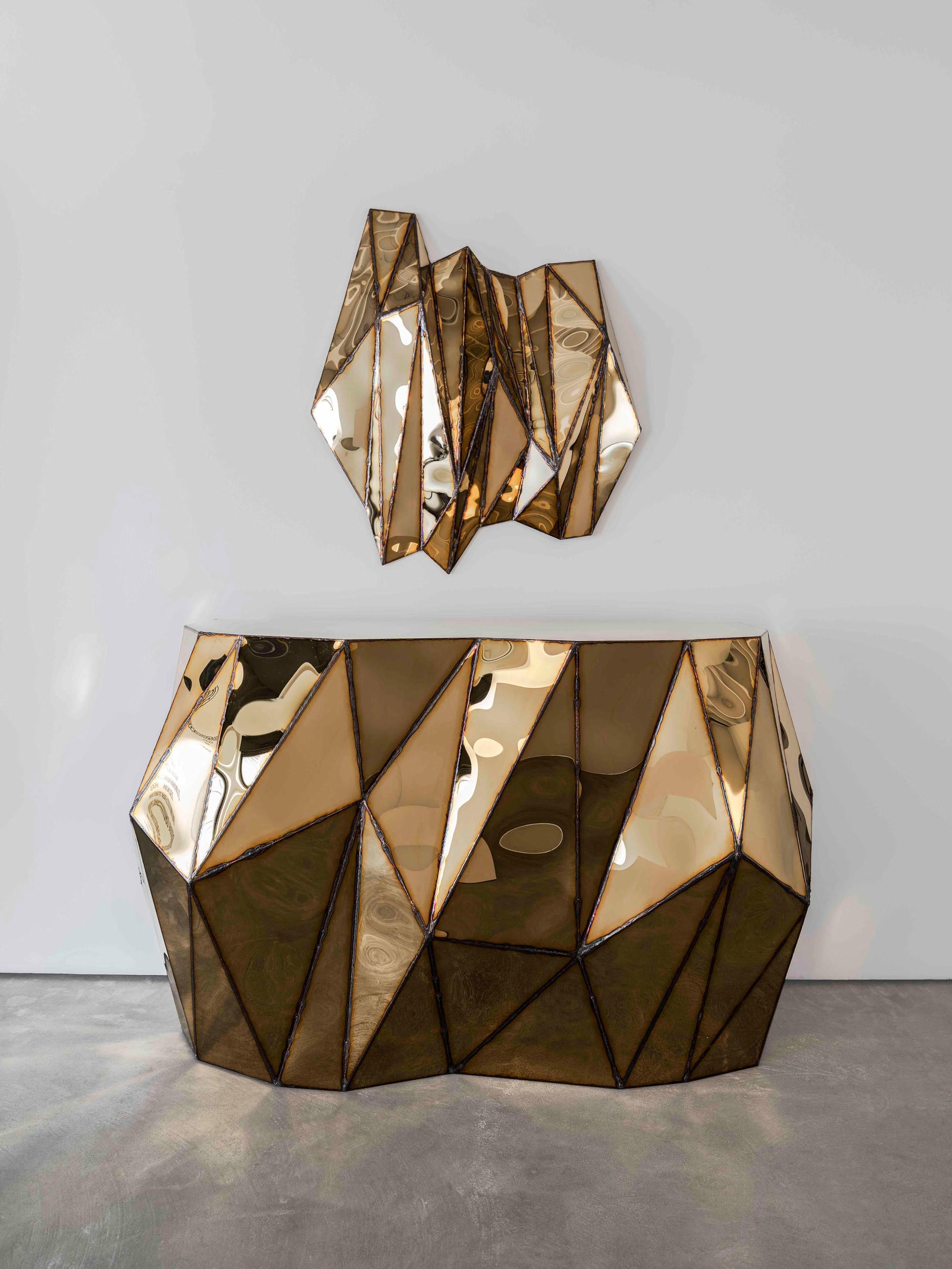Rough Split Console in Welded Mirror Polished Stainless Steel by Julian Mayor 3