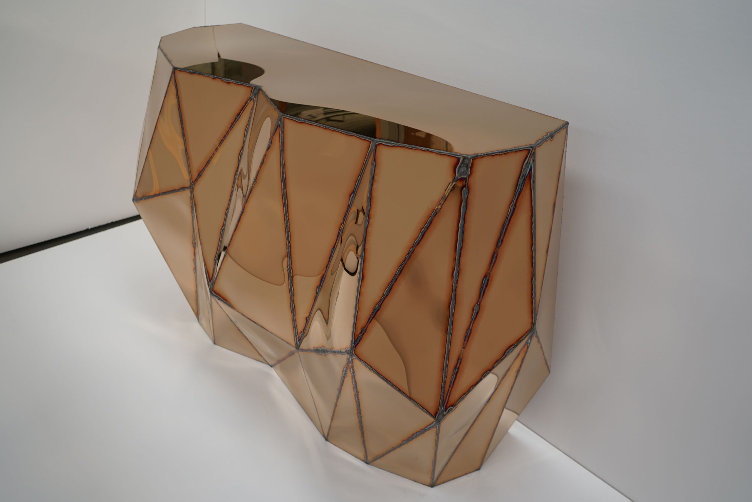 Rough Split Console in Welded Mirror Polished Stainless Steel by Julian Mayor 4