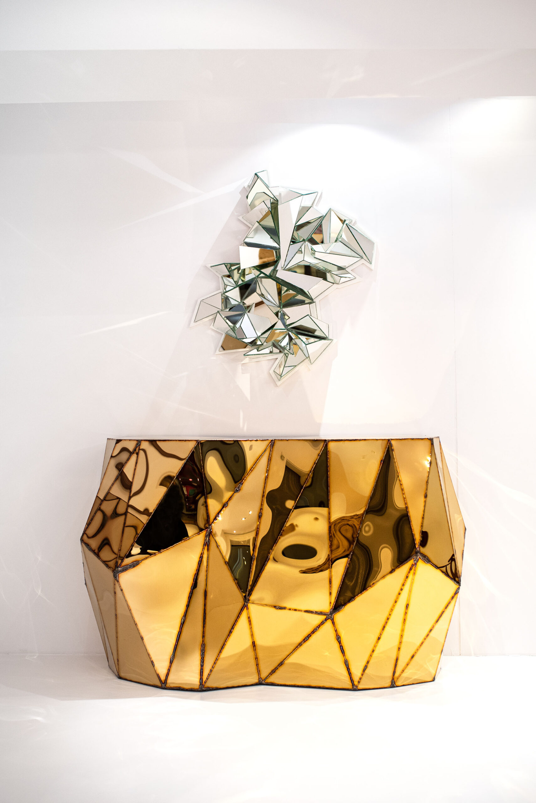 Rough Split Console in Welded Mirror Polished Stainless Steel by Julian Mayor 4