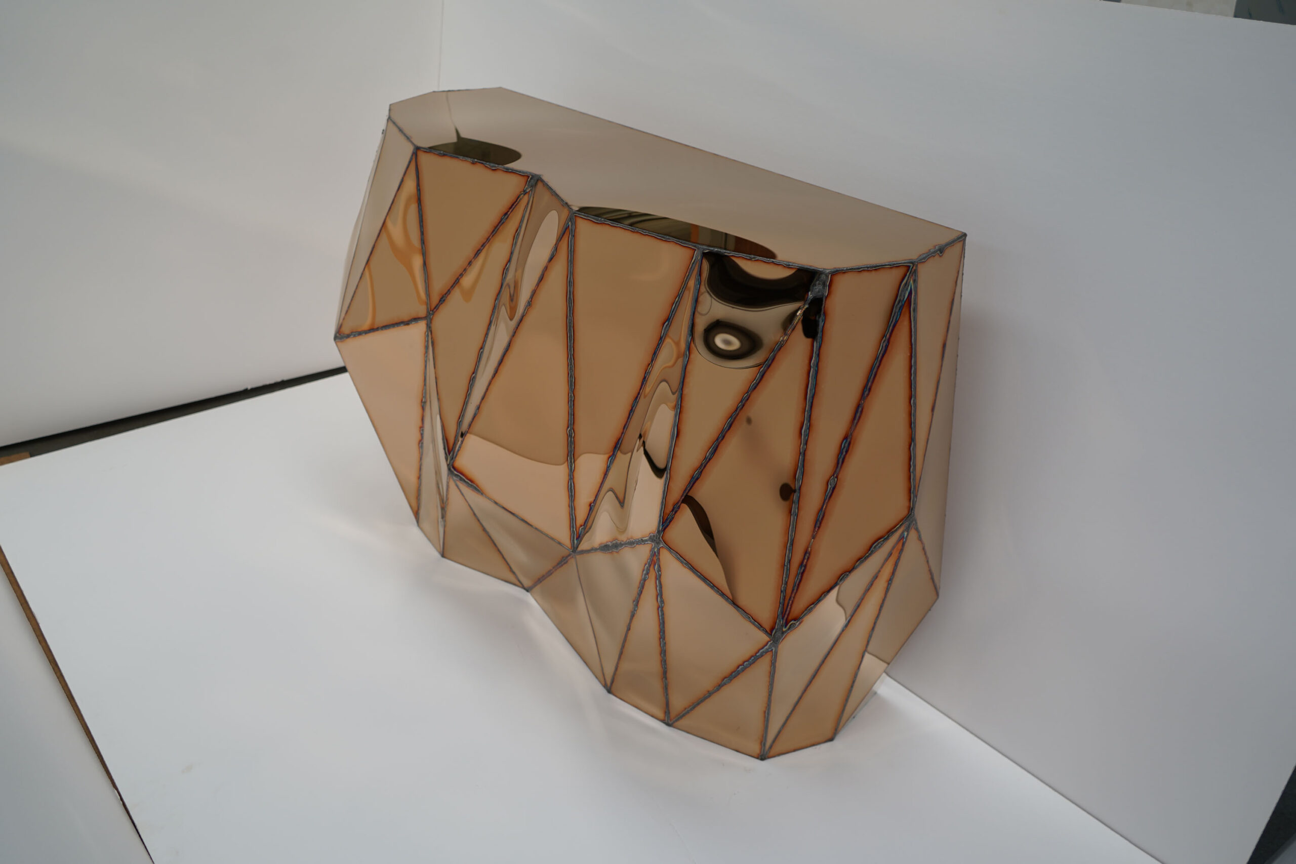 Rough Split Console in Welded Mirror Polished Stainless Steel by Julian Mayor 5