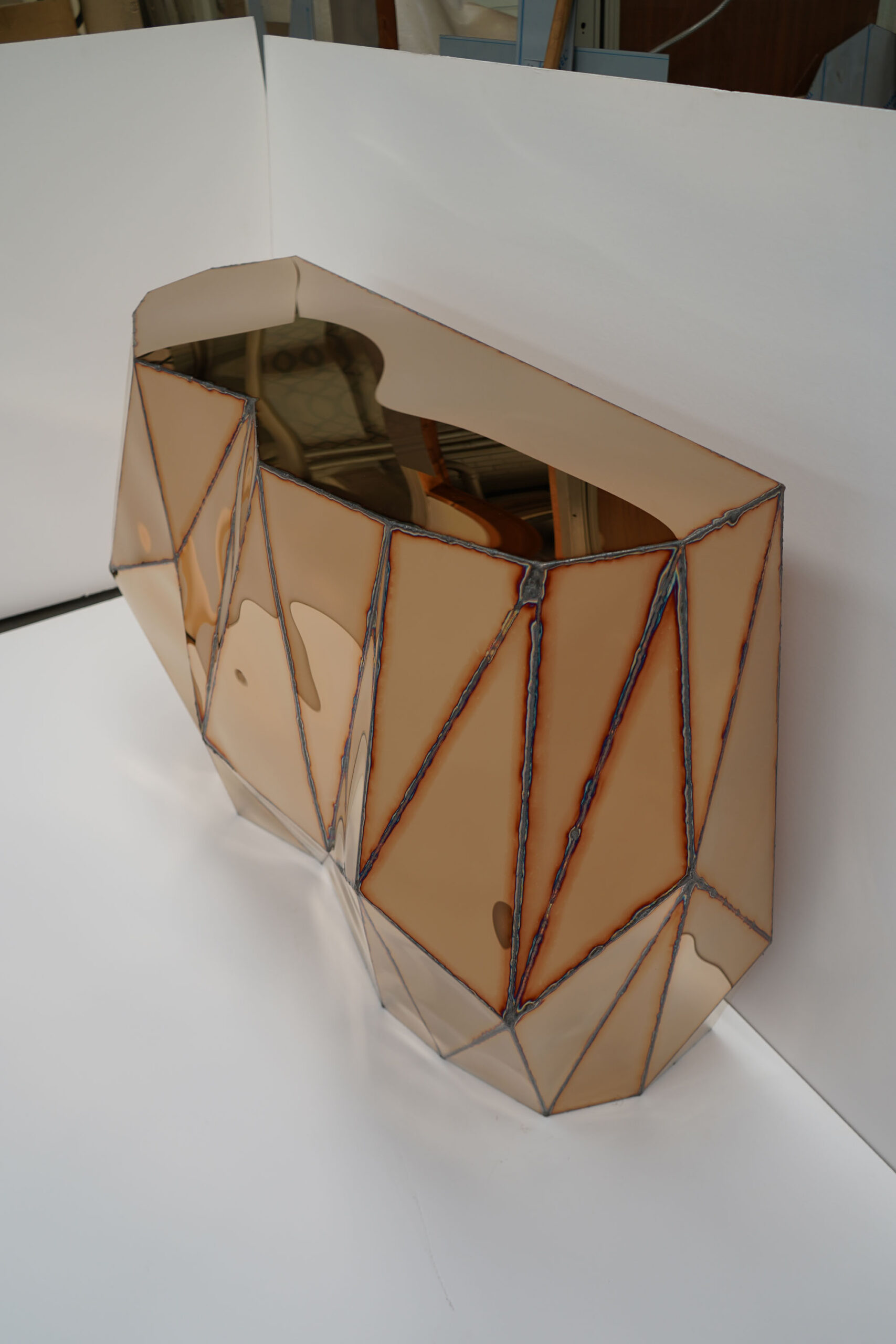 Rough Split Console in Welded Mirror Polished Stainless Steel by Julian Mayor 6