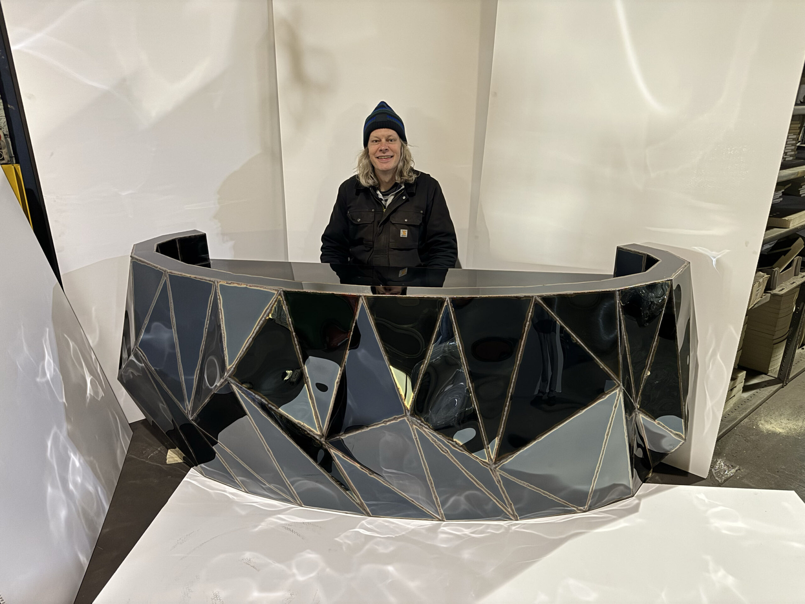 Rough Split Reception Desk in Mirror Polished Stainless Steel by Julian Mayor 3
