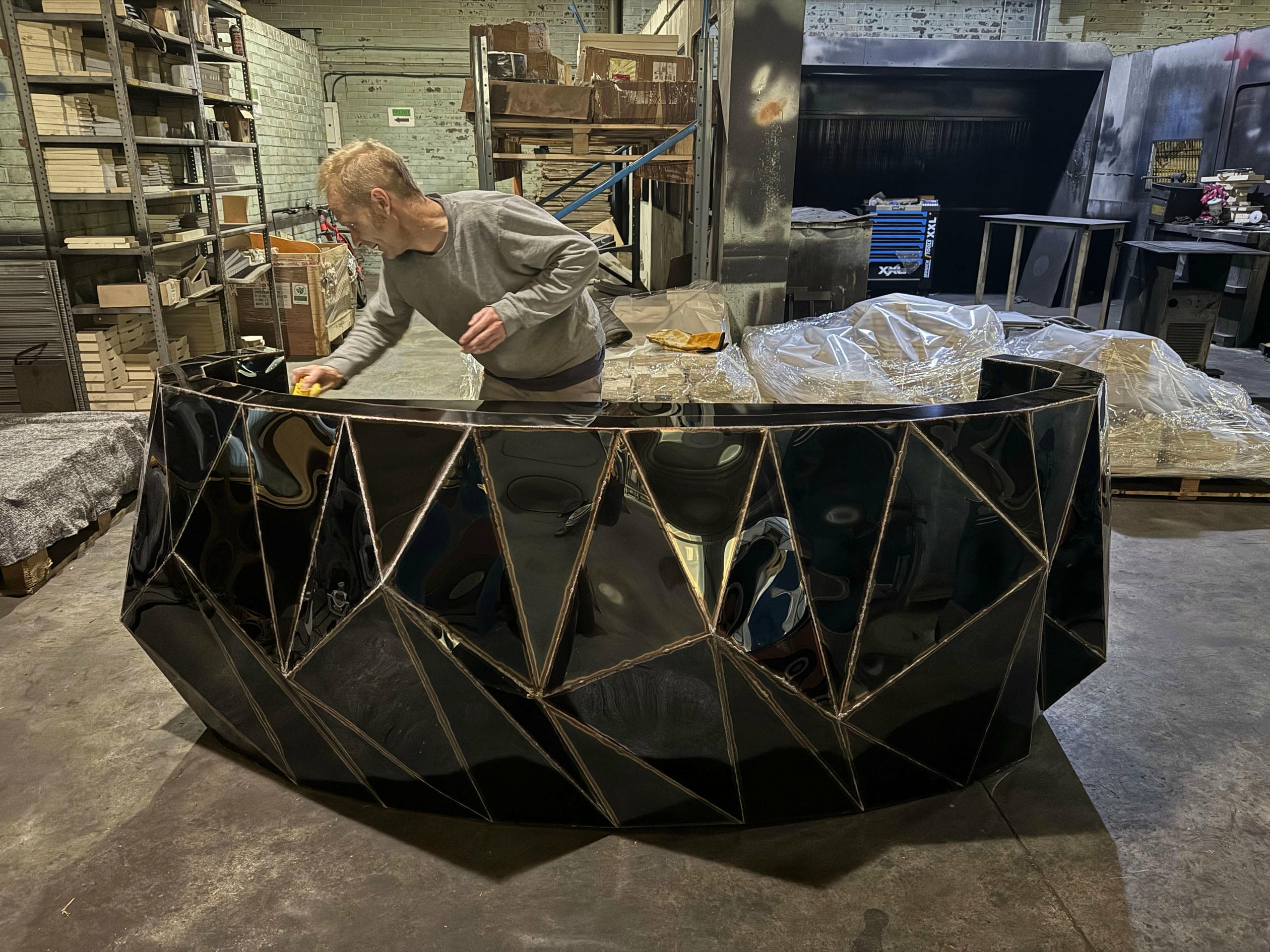 Rough Split Reception Desk in Mirror Polished Stainless Steel by Julian Mayor 4